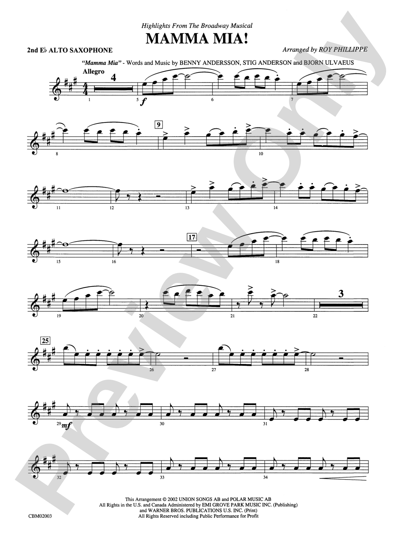 Mamma Mia! -- Highlights from the Broadway Musical: 2nd E-flat Alto Saxophone