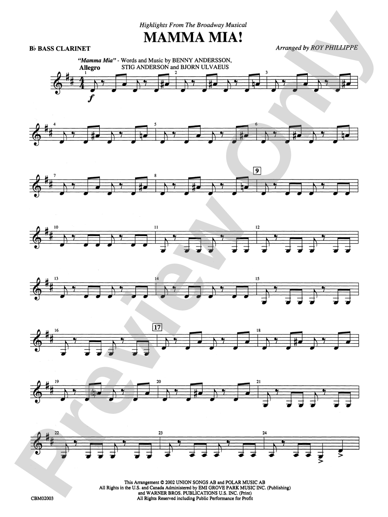 Mamma Mia! -- Highlights from the Broadway Musical: B-flat Bass Clarinet