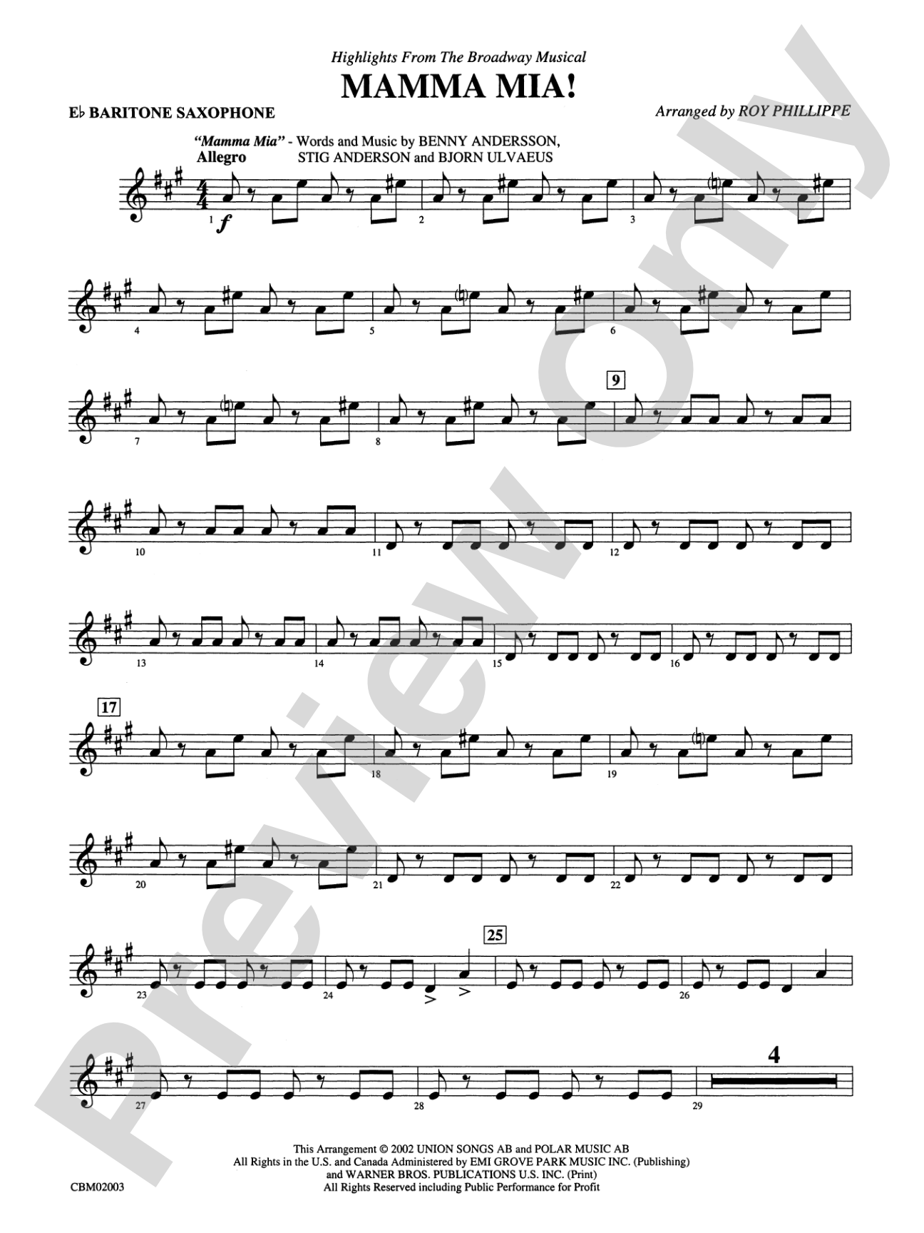 Mamma Mia! -- Highlights from the Broadway Musical: E-flat Baritone Saxophone