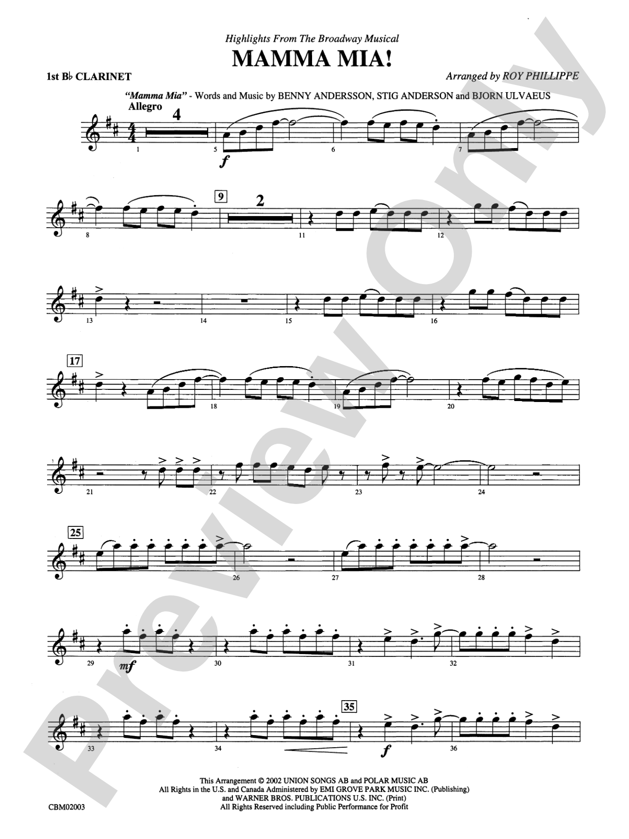 Mamma Mia! -- Highlights from the Broadway Musical: 1st B-flat Clarinet