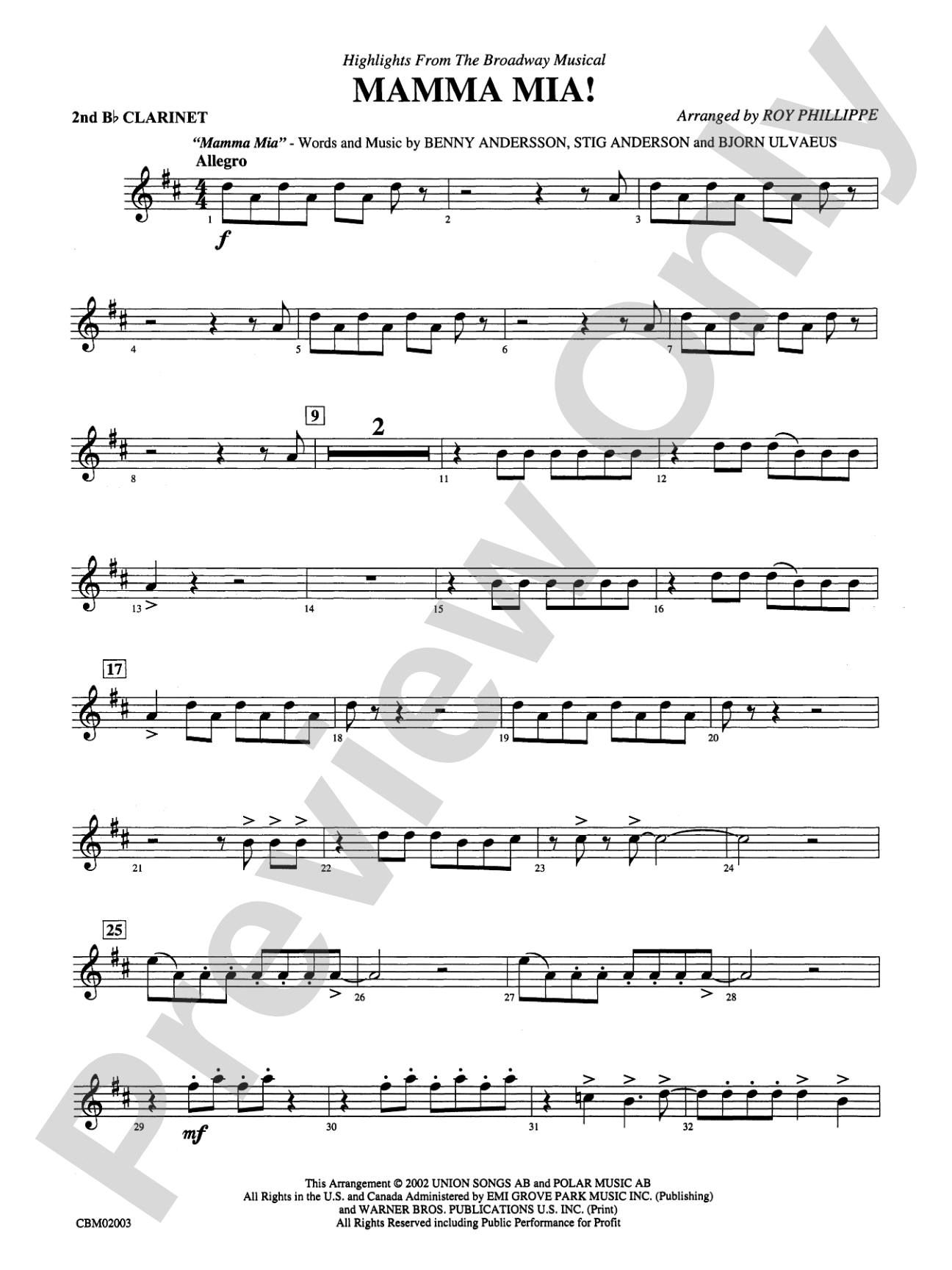 Mamma Mia! -- Highlights from the Broadway Musical: 2nd B-flat Clarinet