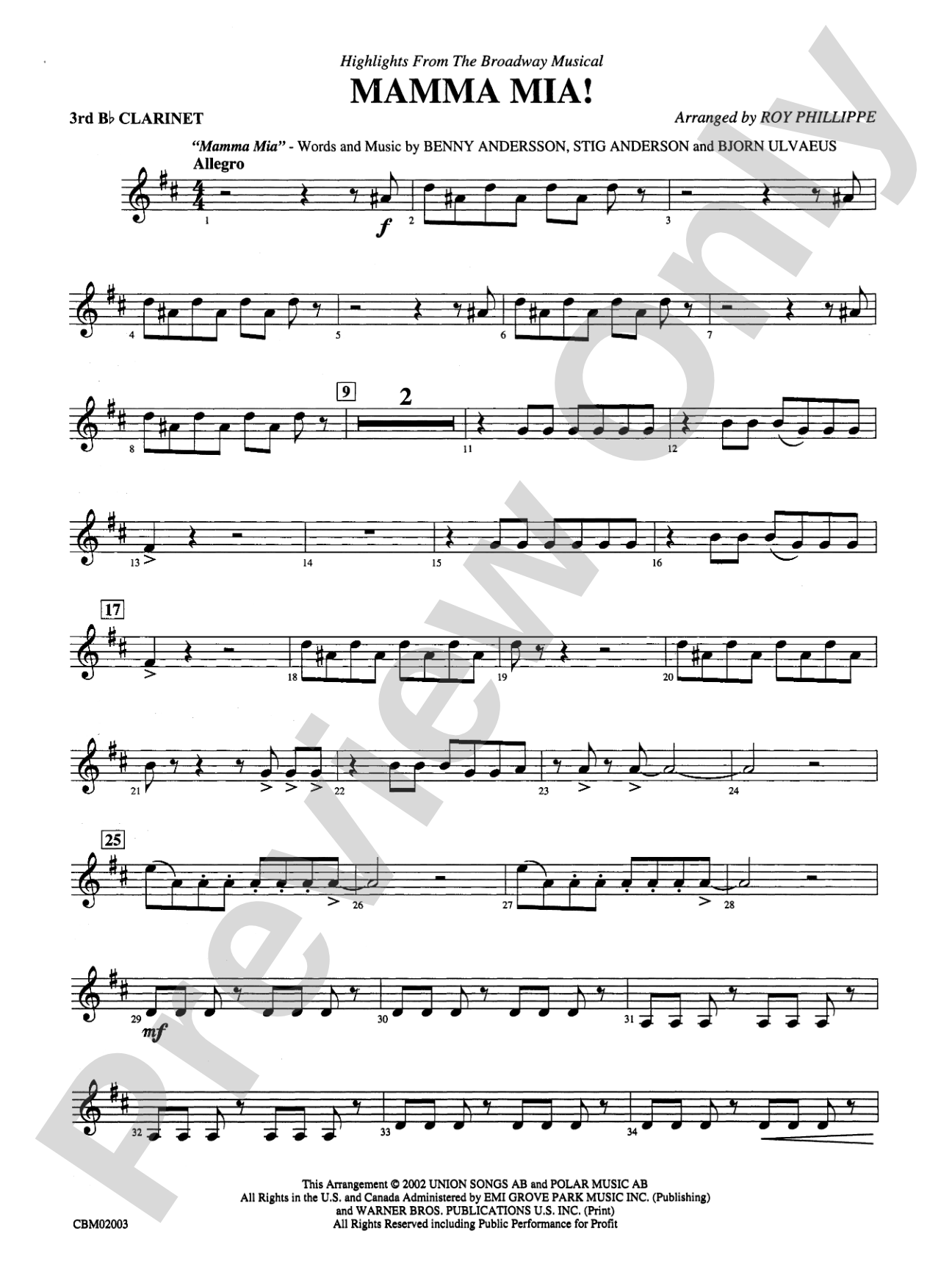 Mamma Mia! -- Highlights from the Broadway Musical: 3rd B-flat Clarinet