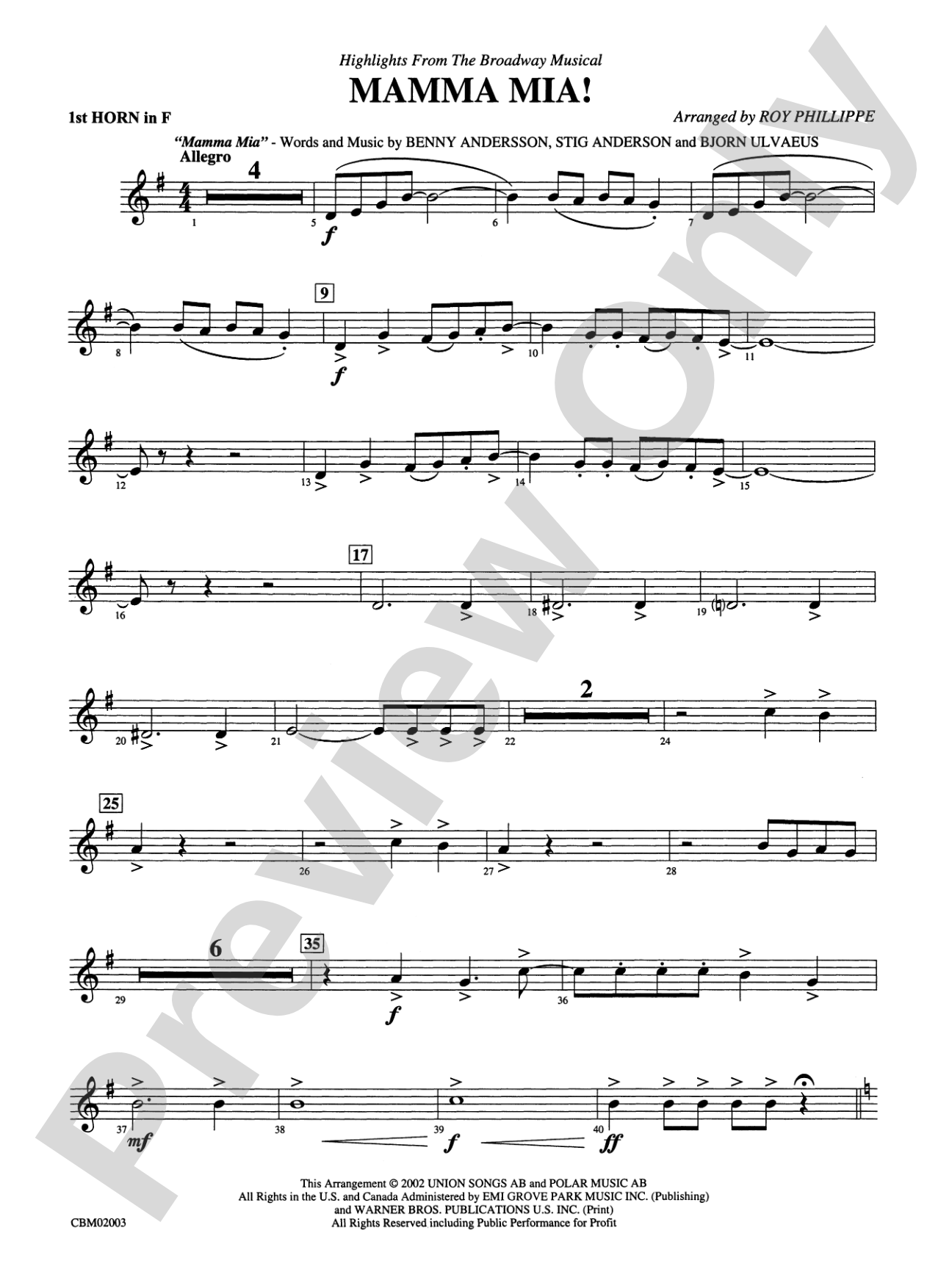 Mamma Mia! -- Highlights from the Broadway Musical: 1st F Horn