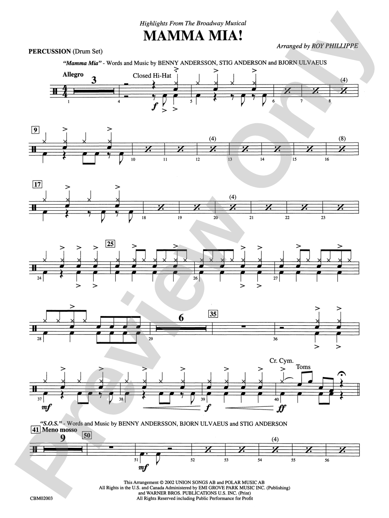 Mamma Mia! -- Highlights from the Broadway Musical: 1st Percussion