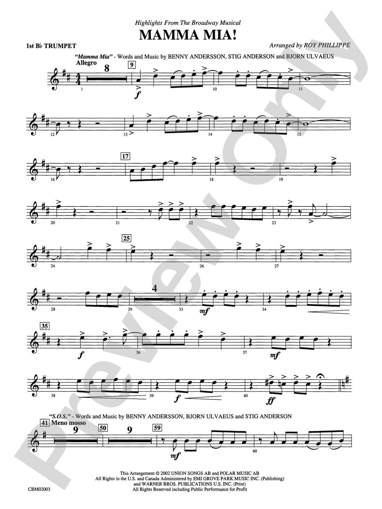 Mamma Mia! -- Highlights from the Broadway Musical: 1st B-flat Trumpet