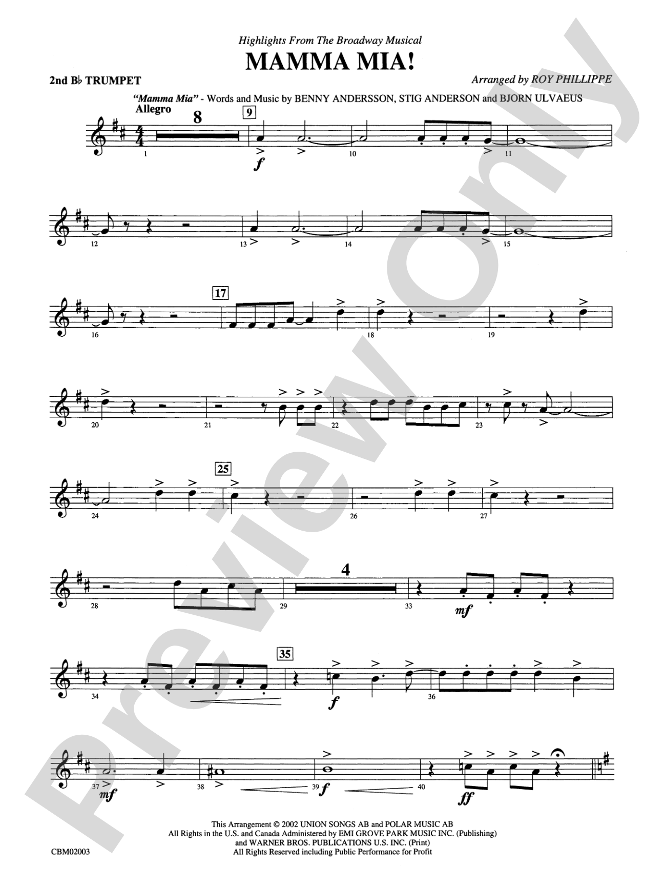 Mamma Mia! -- Highlights from the Broadway Musical: 2nd B-flat Trumpet