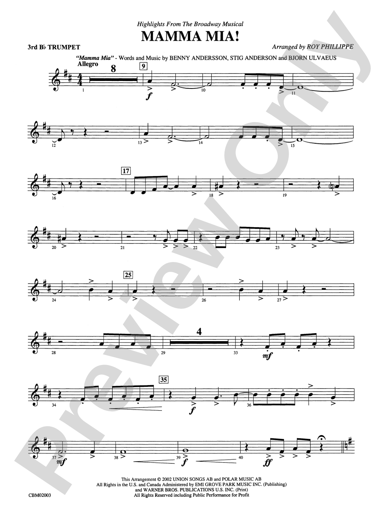 Mamma Mia! -- Highlights from the Broadway Musical: 3rd B-flat Trumpet