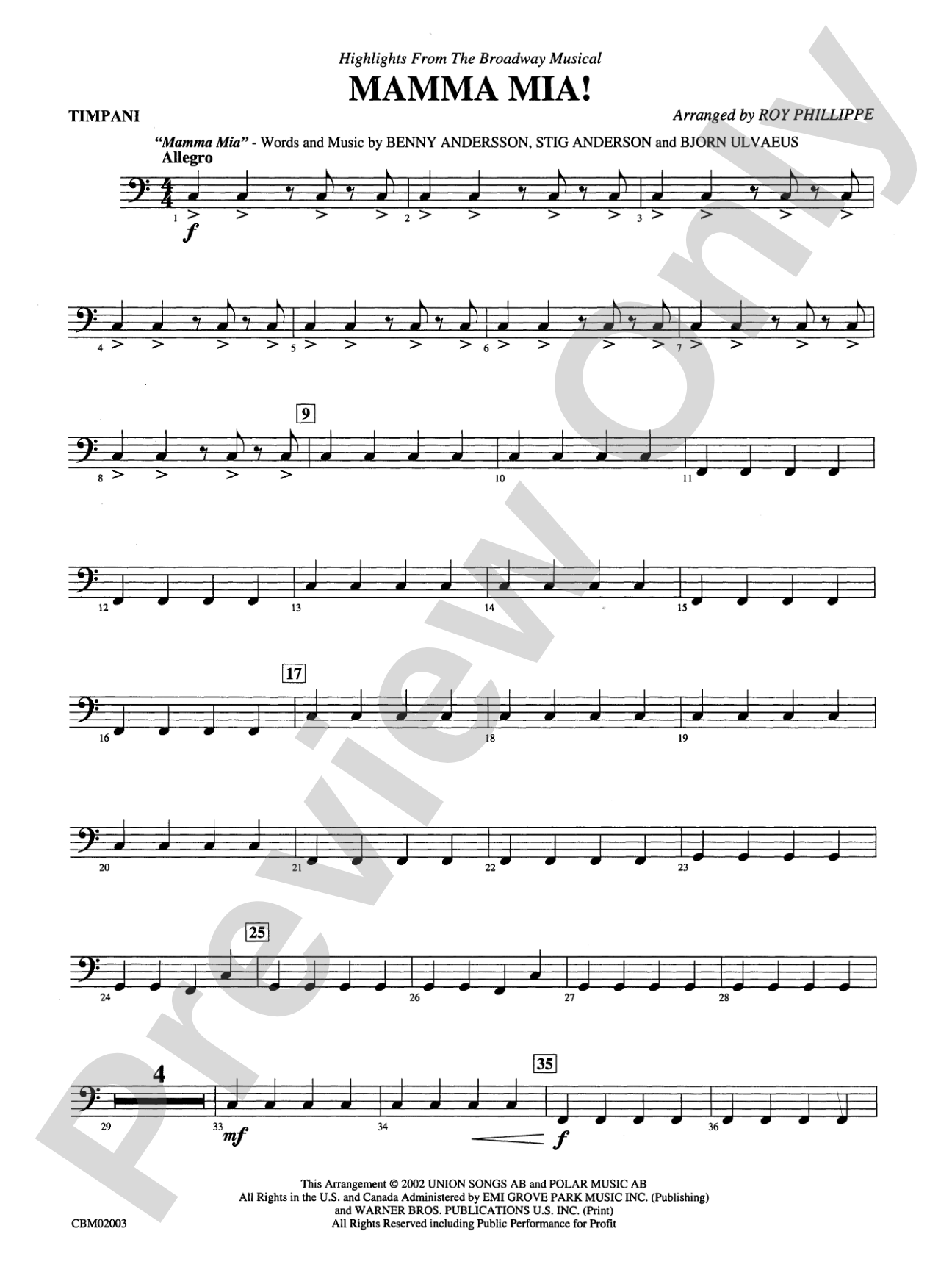 Mamma Mia! -- Highlights from the Broadway Musical: Timpani