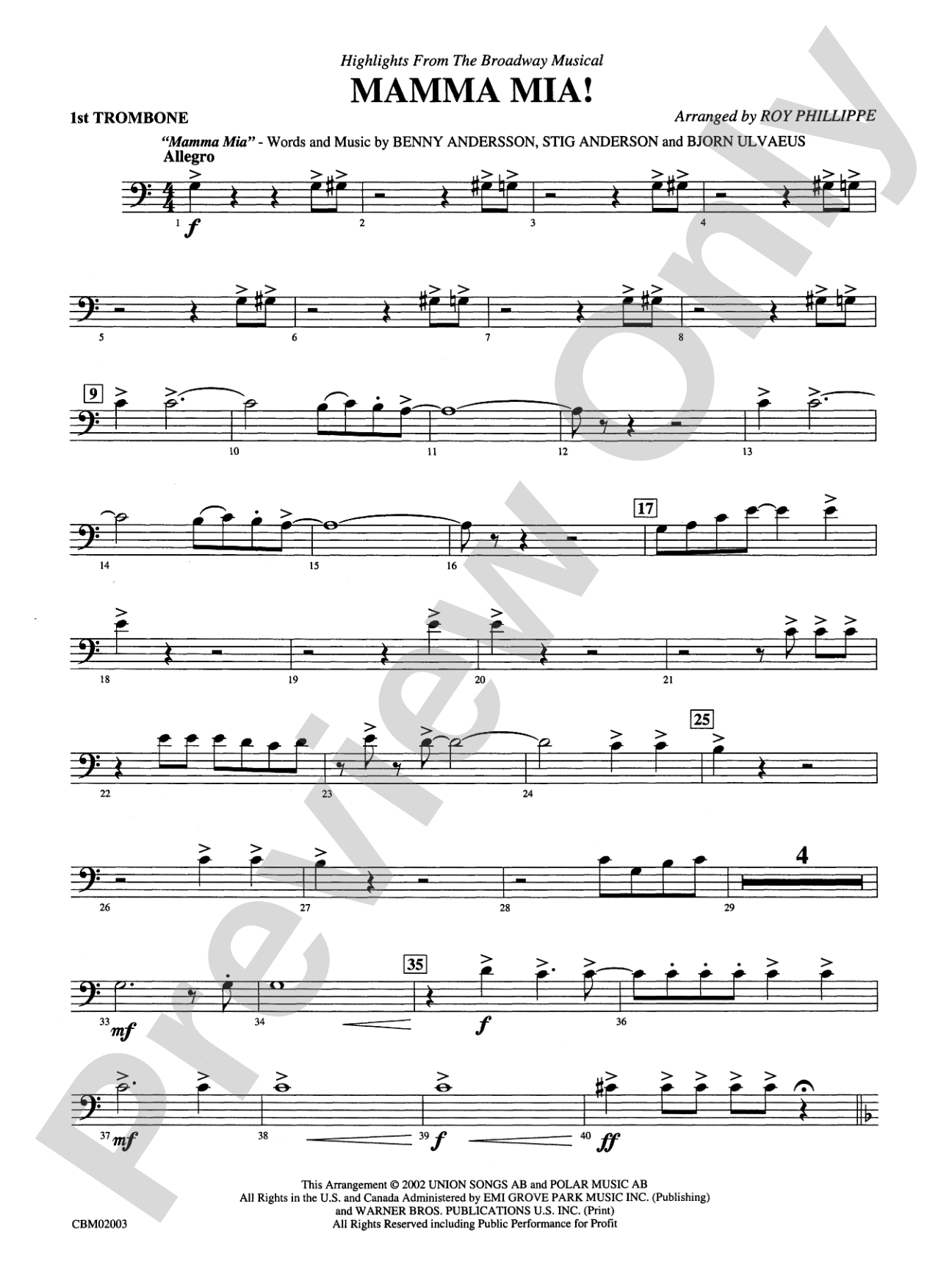 Mamma Mia! -- Highlights from the Broadway Musical: 1st Trombone