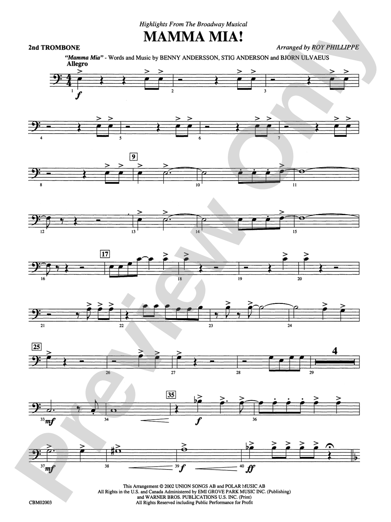 Mamma Mia! -- Highlights from the Broadway Musical: 2nd Trombone