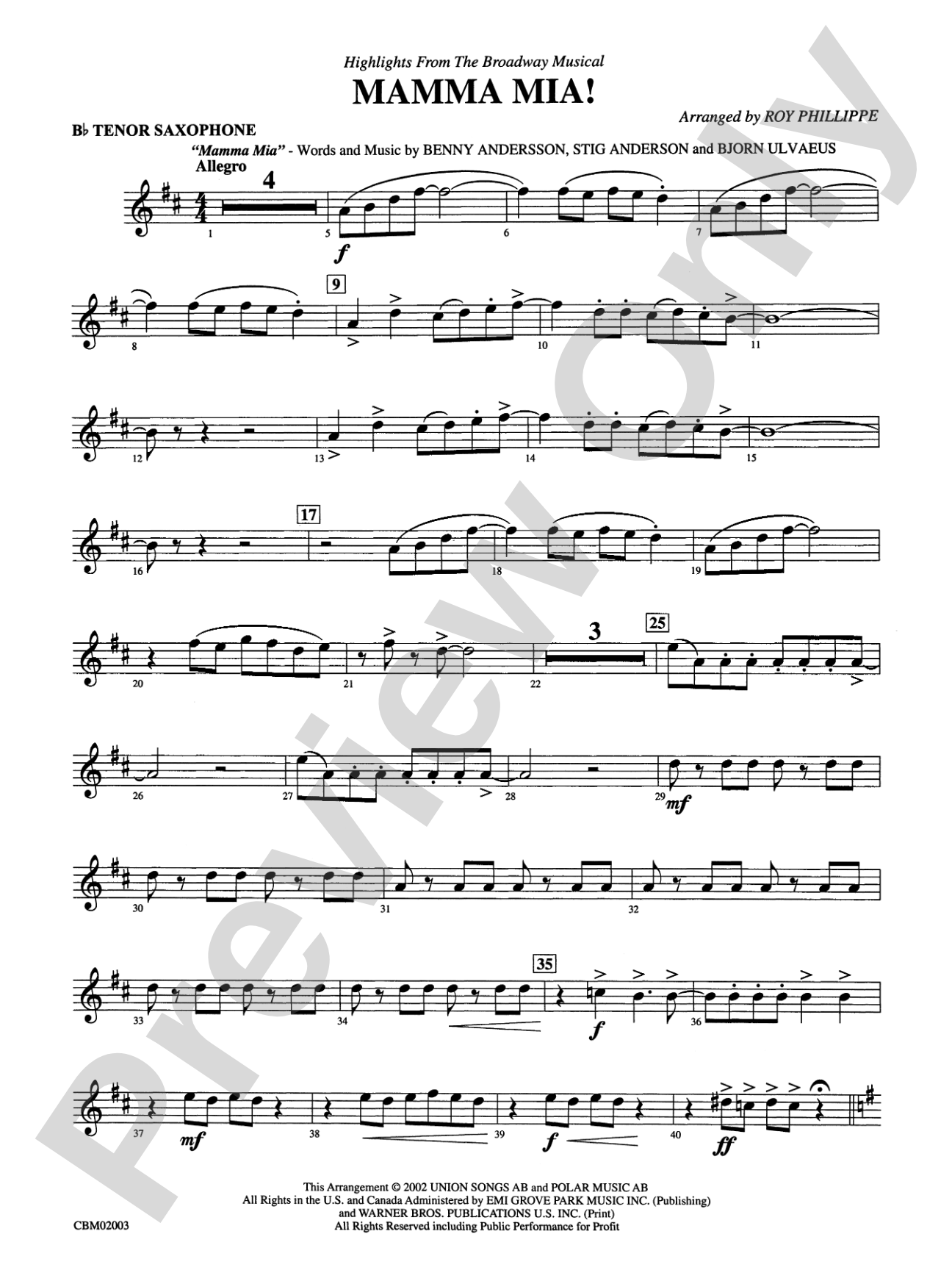 Mamma Mia! -- Highlights from the Broadway Musical: B-flat Tenor Saxophone