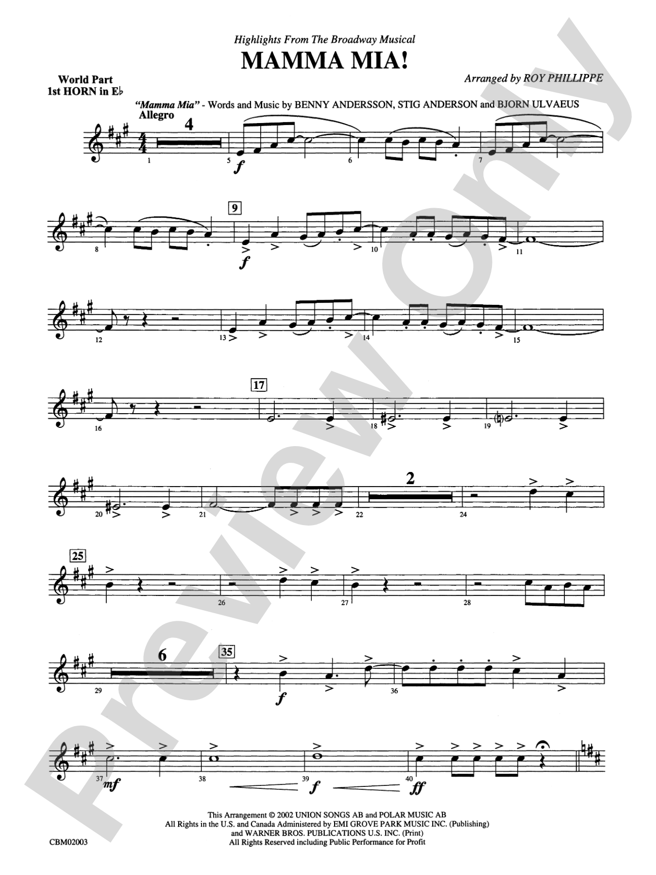Mamma Mia! -- Highlights from the Broadway Musical: (wp) 1st Horn in E-flat