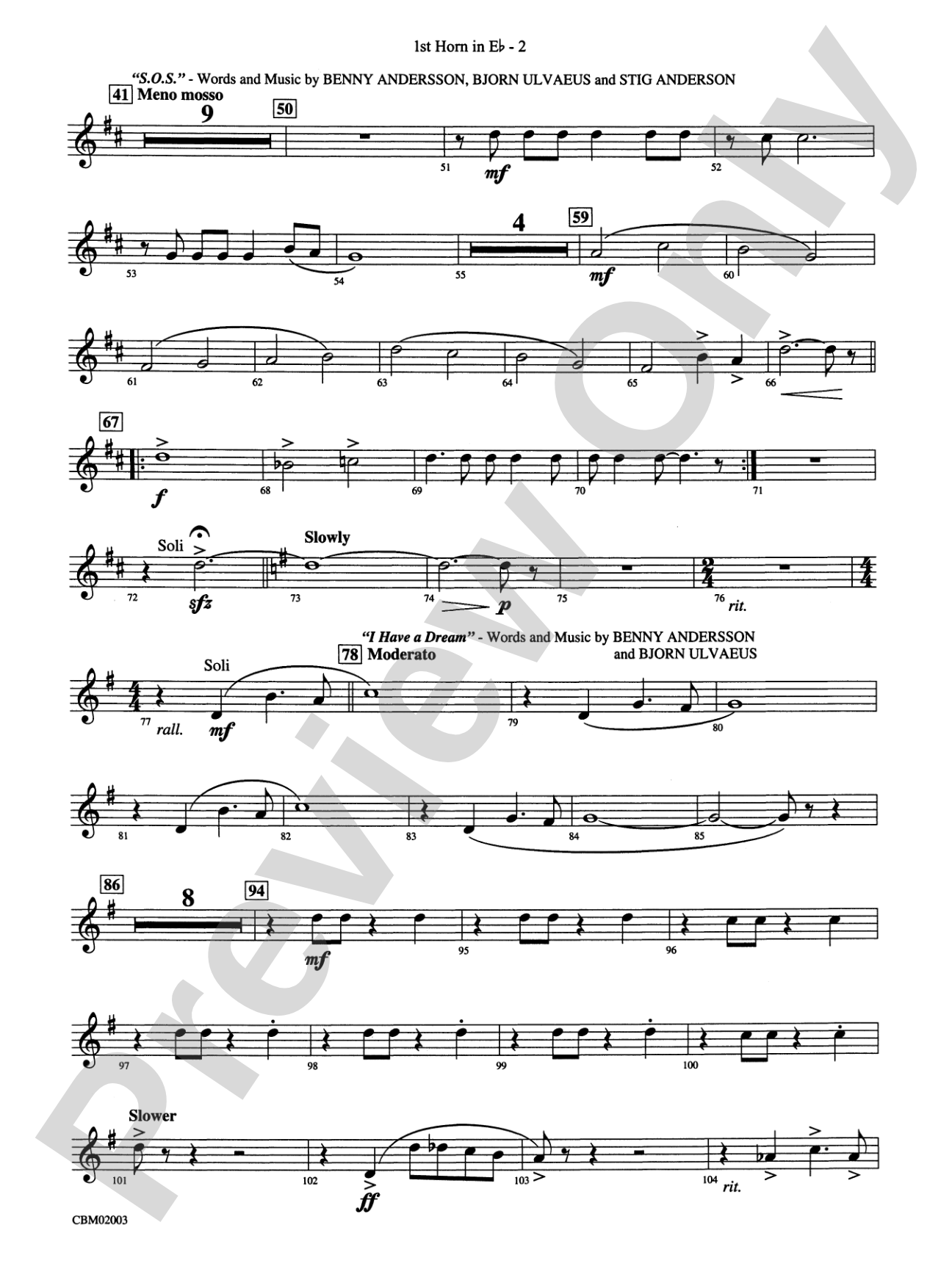 Mamma Mia! -- Highlights from the Broadway Musical: (wp) 1st Horn in E-flat