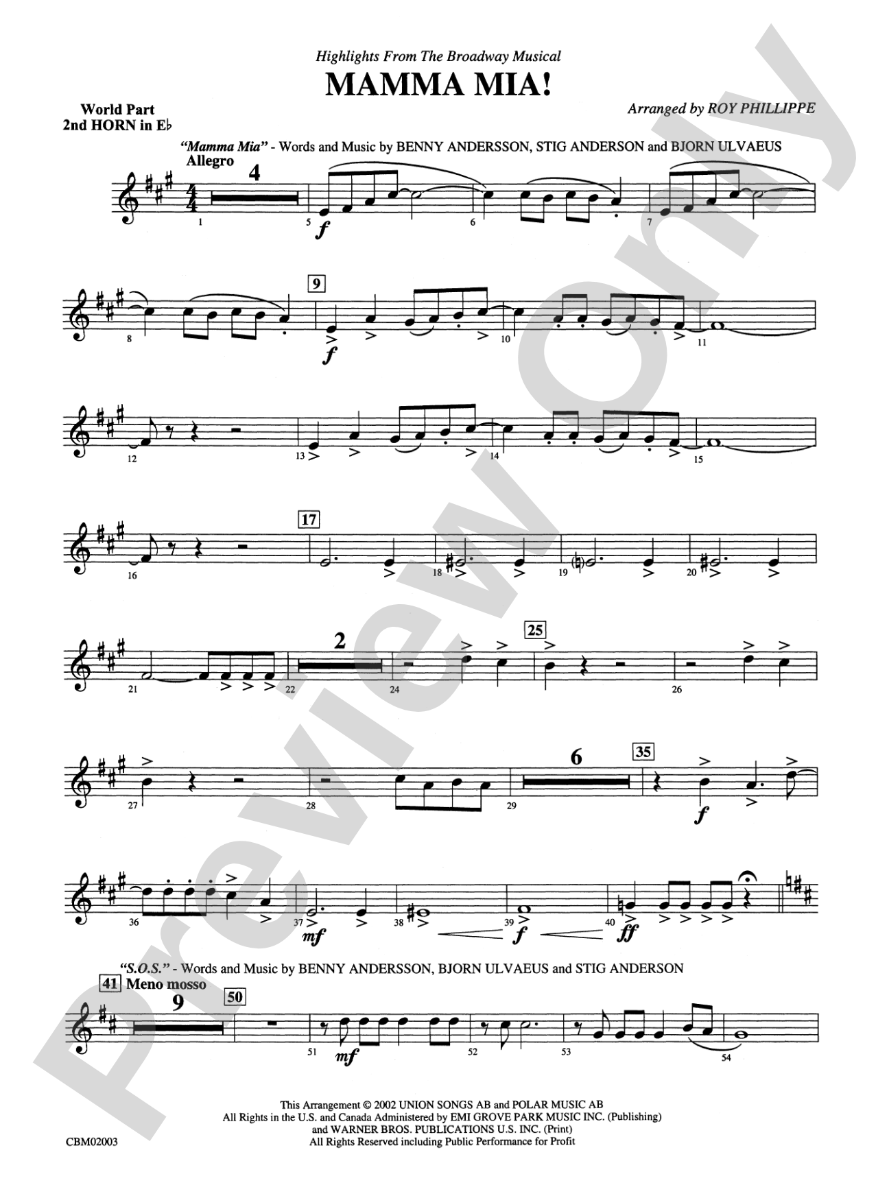 Mamma Mia! -- Highlights from the Broadway Musical: (wp) 2nd Horn in E-flat