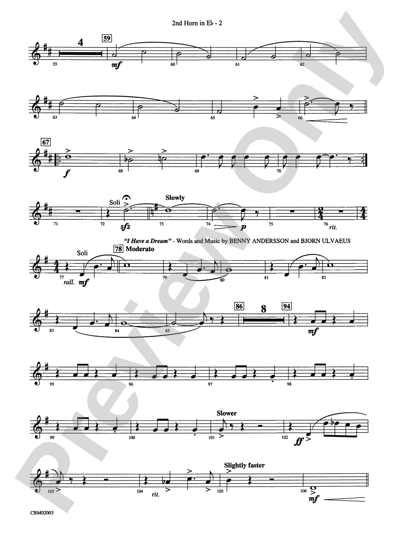 Mamma Mia! -- Highlights from the Broadway Musical: (wp) 2nd Horn in E-flat