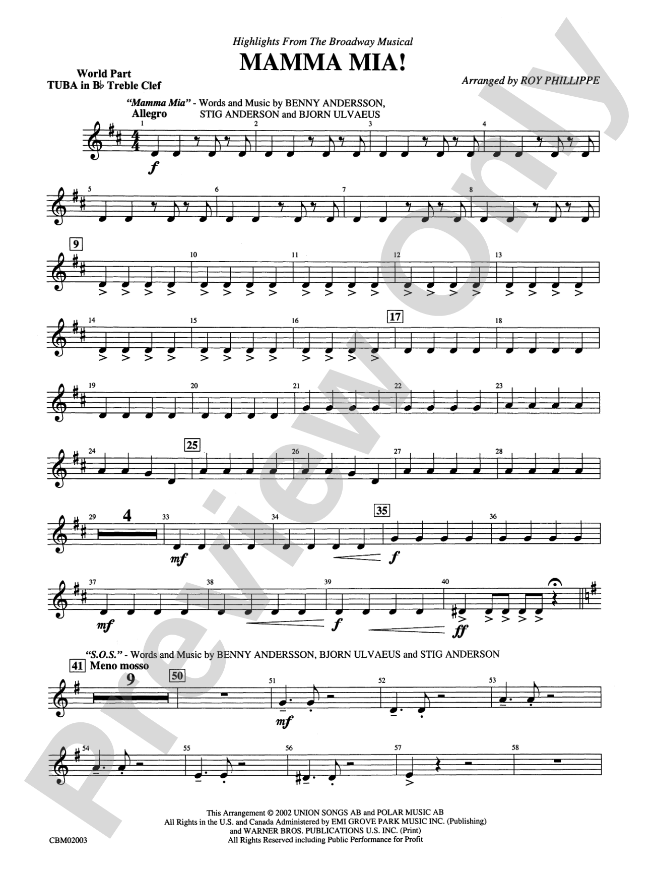 Mamma Mia! -- Highlights from the Broadway Musical: (wp) B-flat Tuba T.C.