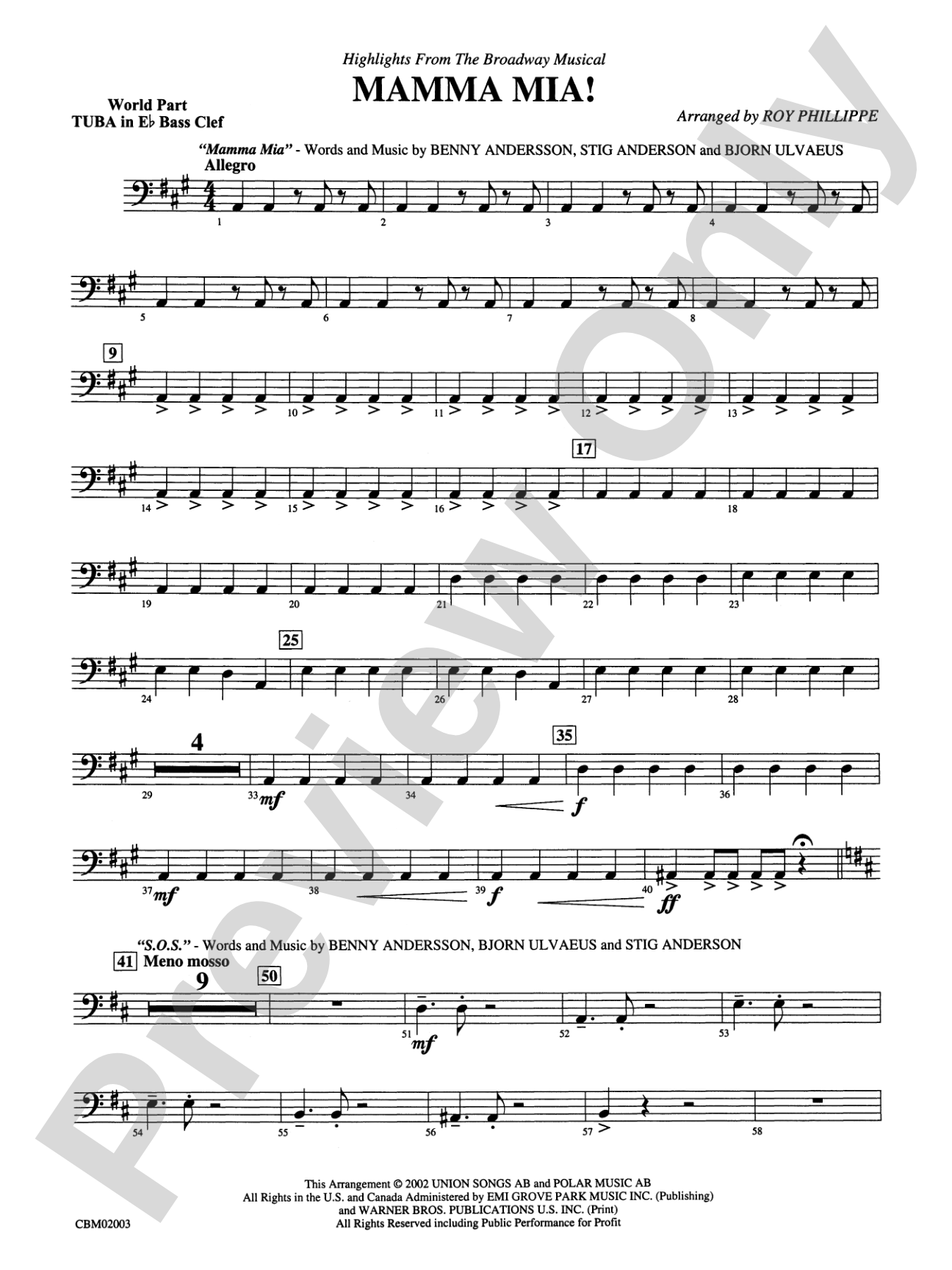 Mamma Mia! -- Highlights from the Broadway Musical: (wp) E-flat Tuba B.C.