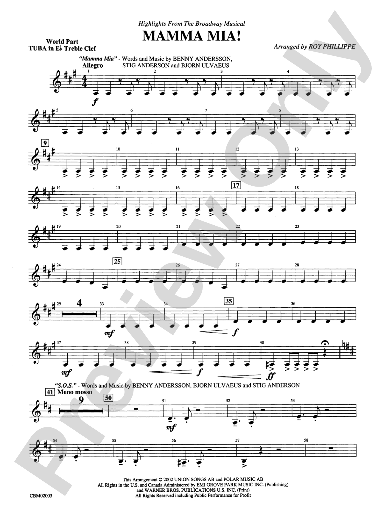 Mamma Mia! -- Highlights from the Broadway Musical: (wp) E-flat Tuba T.C.