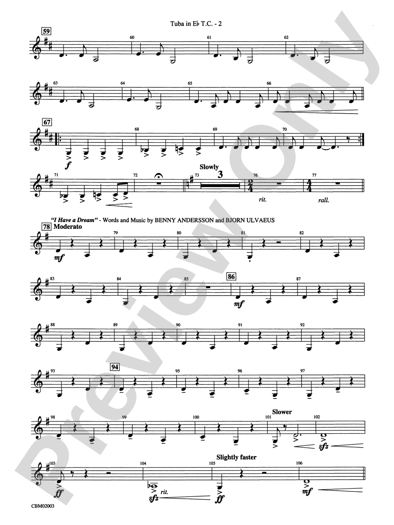 Mamma Mia! -- Highlights from the Broadway Musical: (wp) E-flat Tuba T.C.