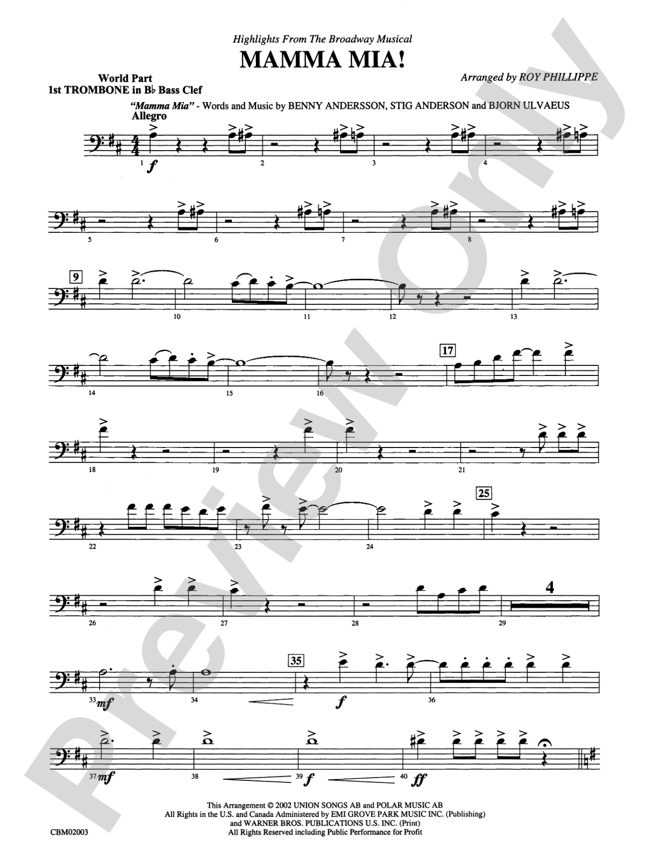 Mamma Mia! -- Highlights from the Broadway Musical: (wp) 1st B-flat Trombone B.C.