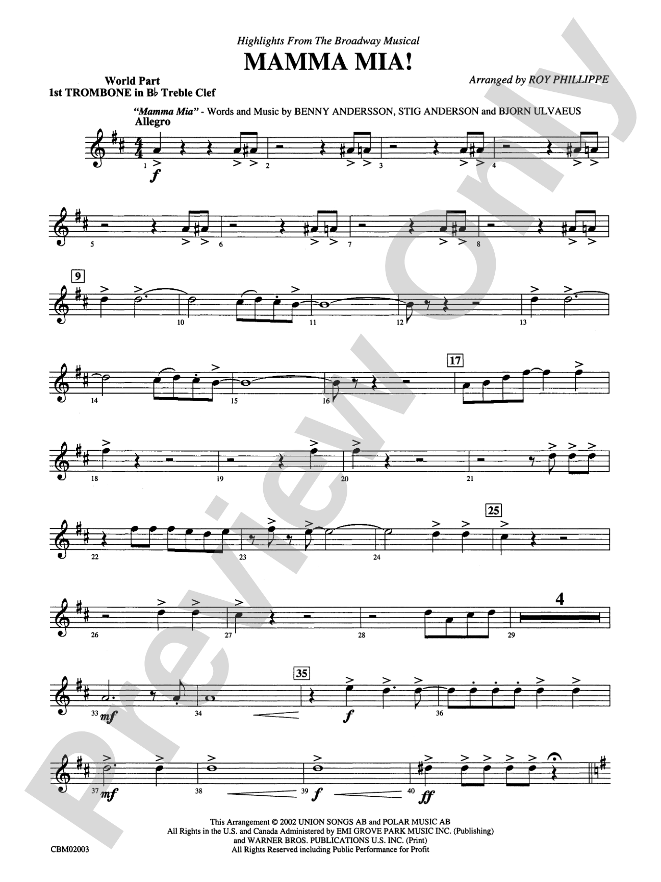 Mamma Mia! -- Highlights from the Broadway Musical: (wp) 1st B-flat Trombone T.C.