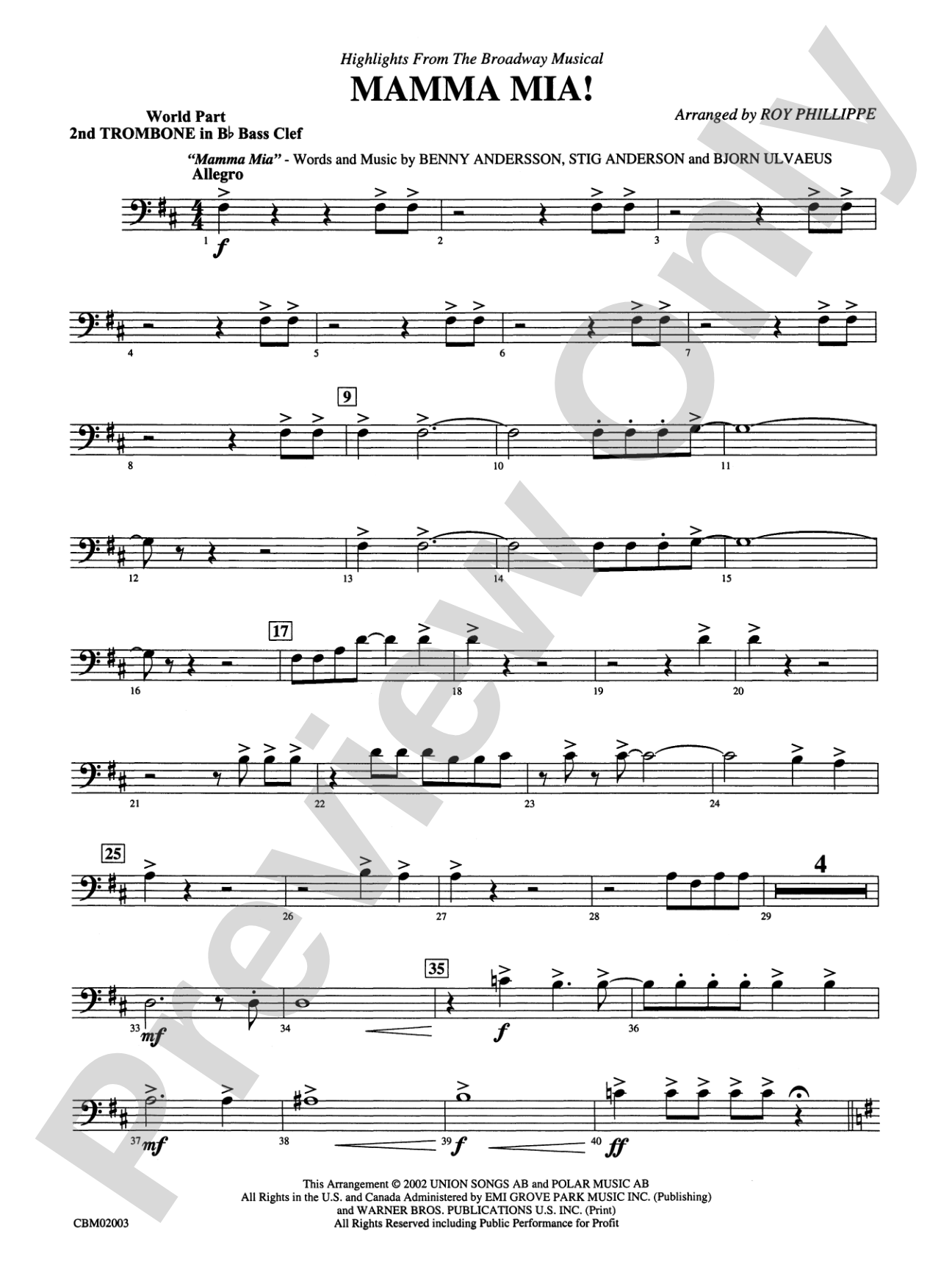 Mamma Mia! -- Highlights from the Broadway Musical: (wp) 2nd B-flat Trombone B.C.