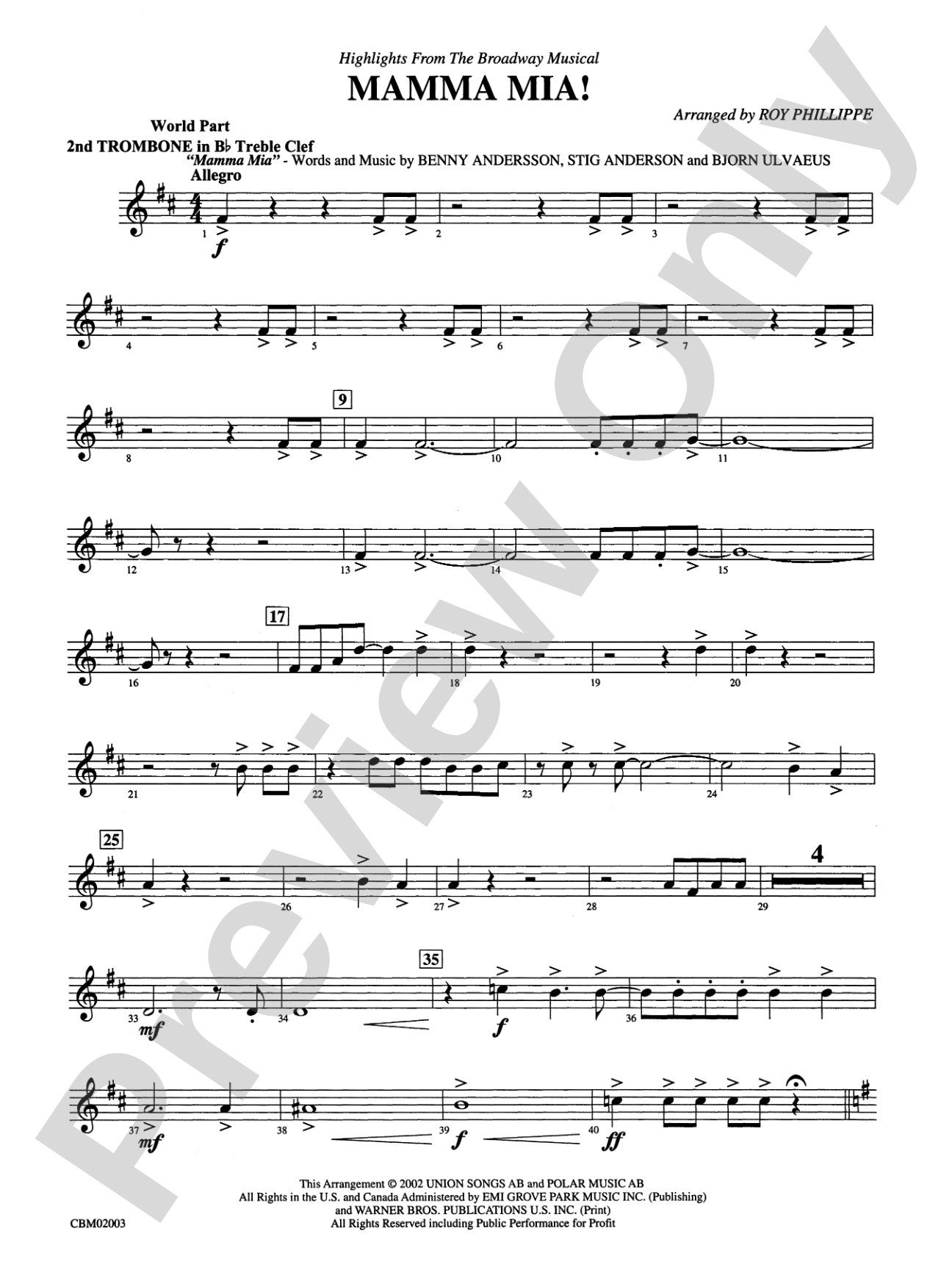 Mamma Mia! -- Highlights from the Broadway Musical: (wp) 2nd B-flat Trombone T.C.