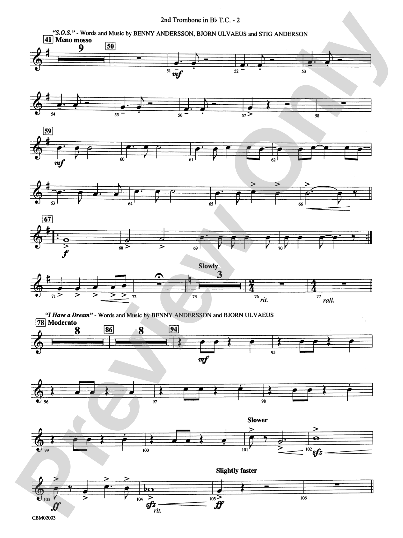 Mamma Mia! -- Highlights from the Broadway Musical: (wp) 2nd B-flat Trombone T.C.
