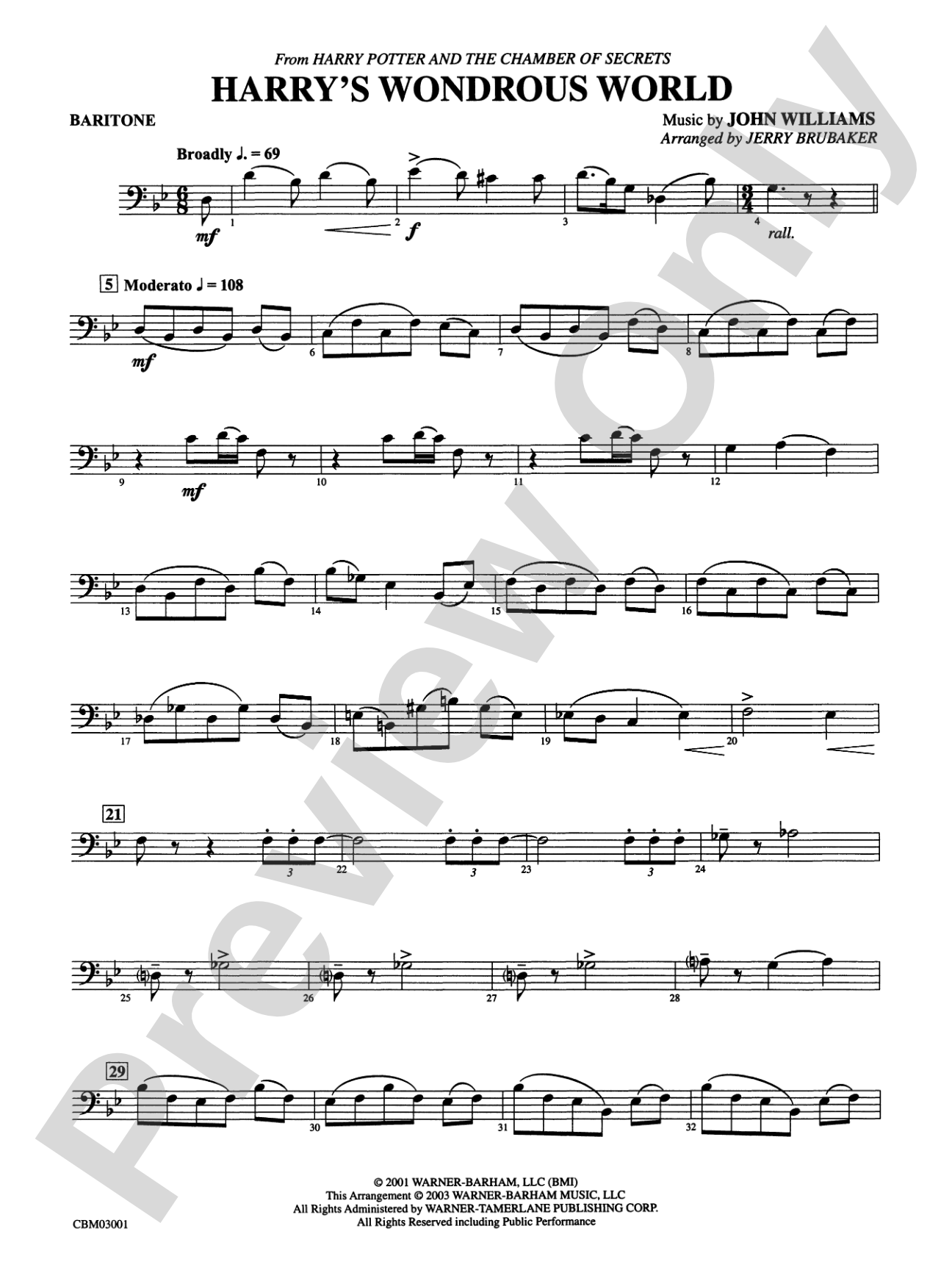 Harry's Wondrous World (from Harry Potter and the Chamber of Secrets): Baritone B.C.