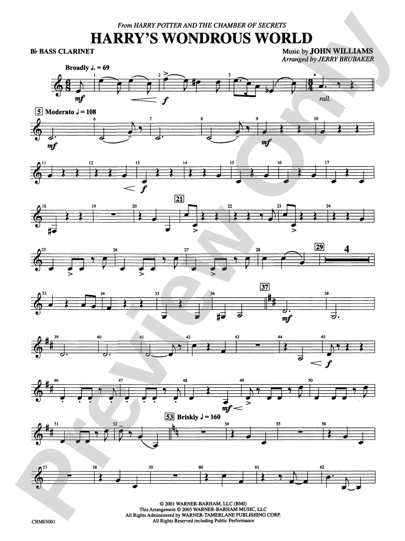 Harry's Wondrous World (from Harry Potter and the Chamber of Secrets): B-flat Bass Clarinet