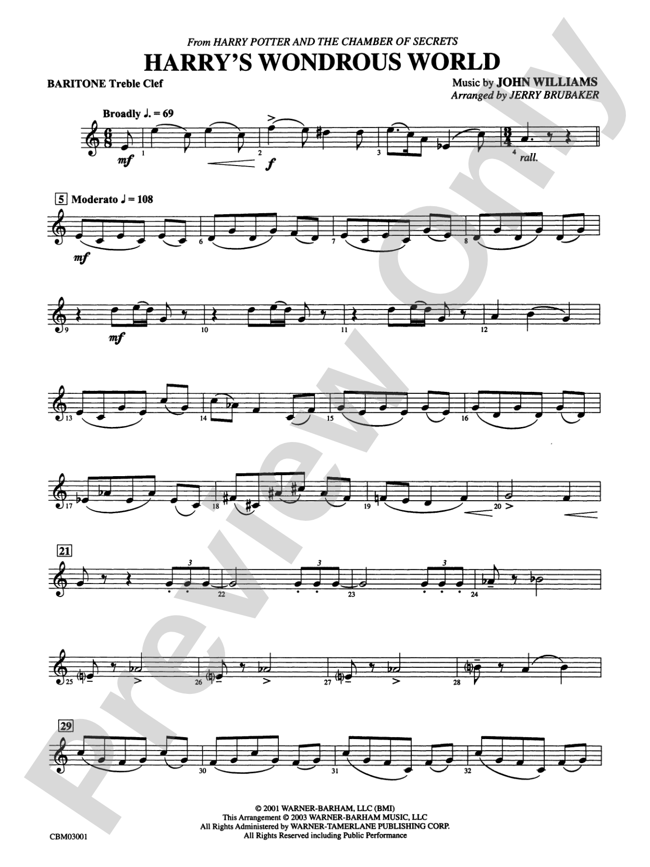 Harry's Wondrous World (from Harry Potter and the Chamber of Secrets): Baritone T.C.