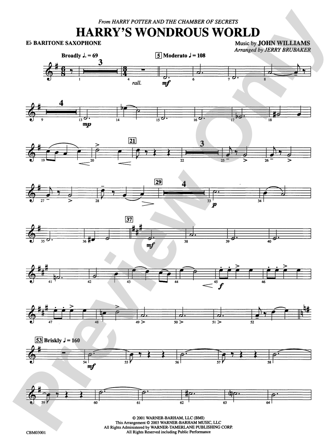 Harry's Wondrous World (from Harry Potter and the Chamber of Secrets): E-flat Baritone Saxophone