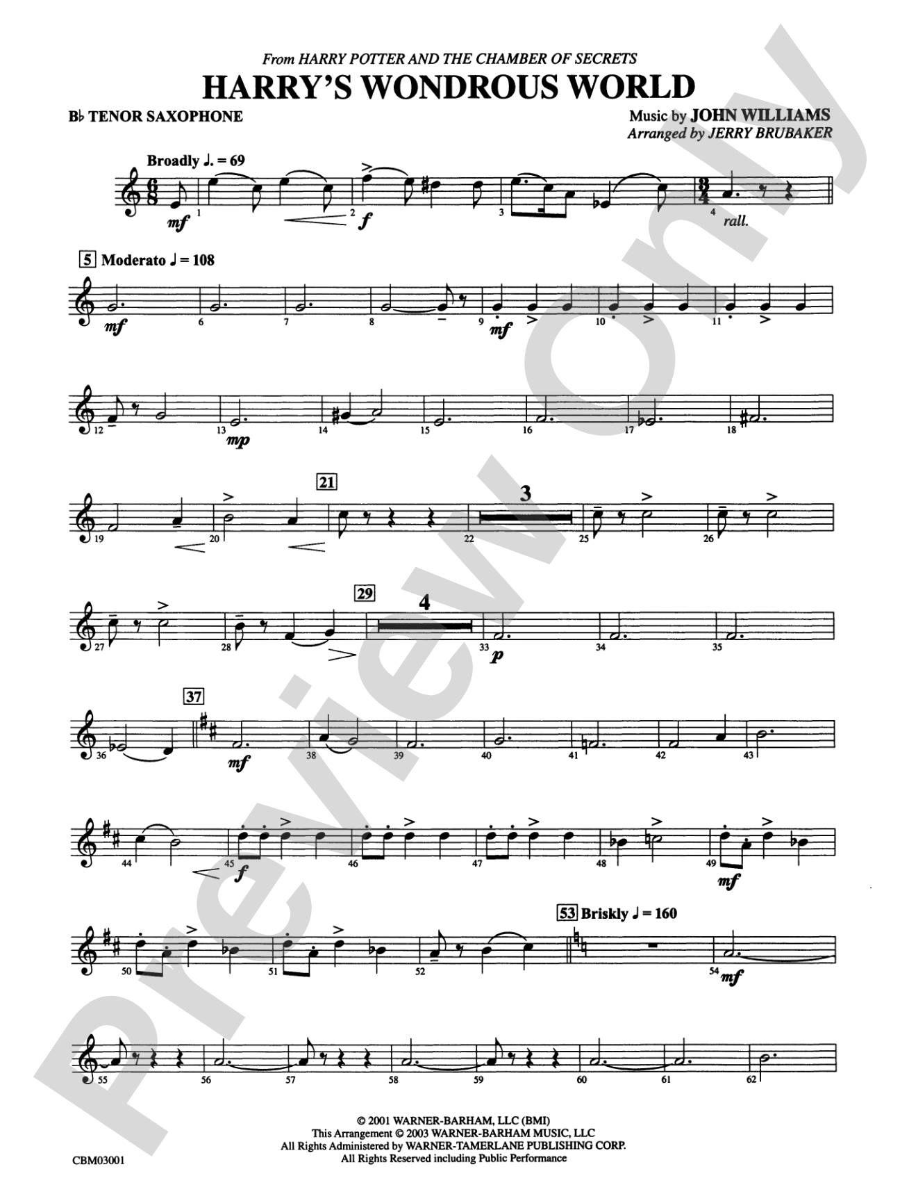 Harry's Wondrous World (from Harry Potter and the Chamber of Secrets): B-flat Tenor Saxophone