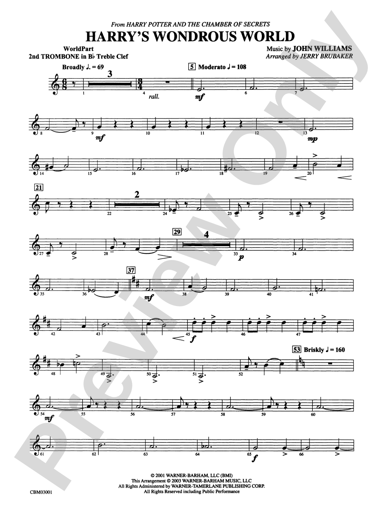 Harry's Wondrous World (from Harry Potter and the Chamber of Secrets): (wp) 2nd B-flat Trombone T.C.