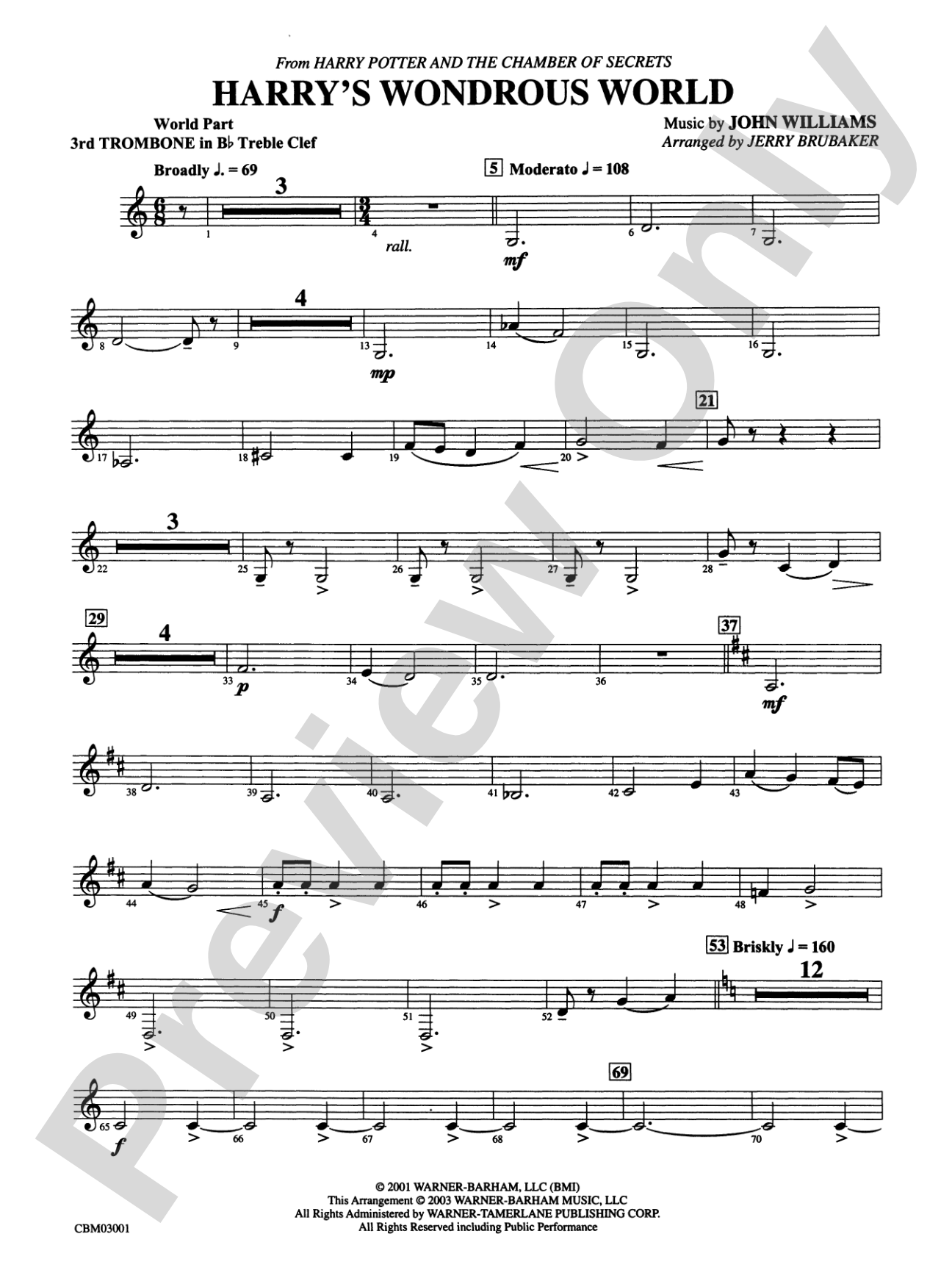 Harry's Wondrous World (from Harry Potter and the Chamber of Secrets): (wp) 3rd B-flat Trombone T.C.