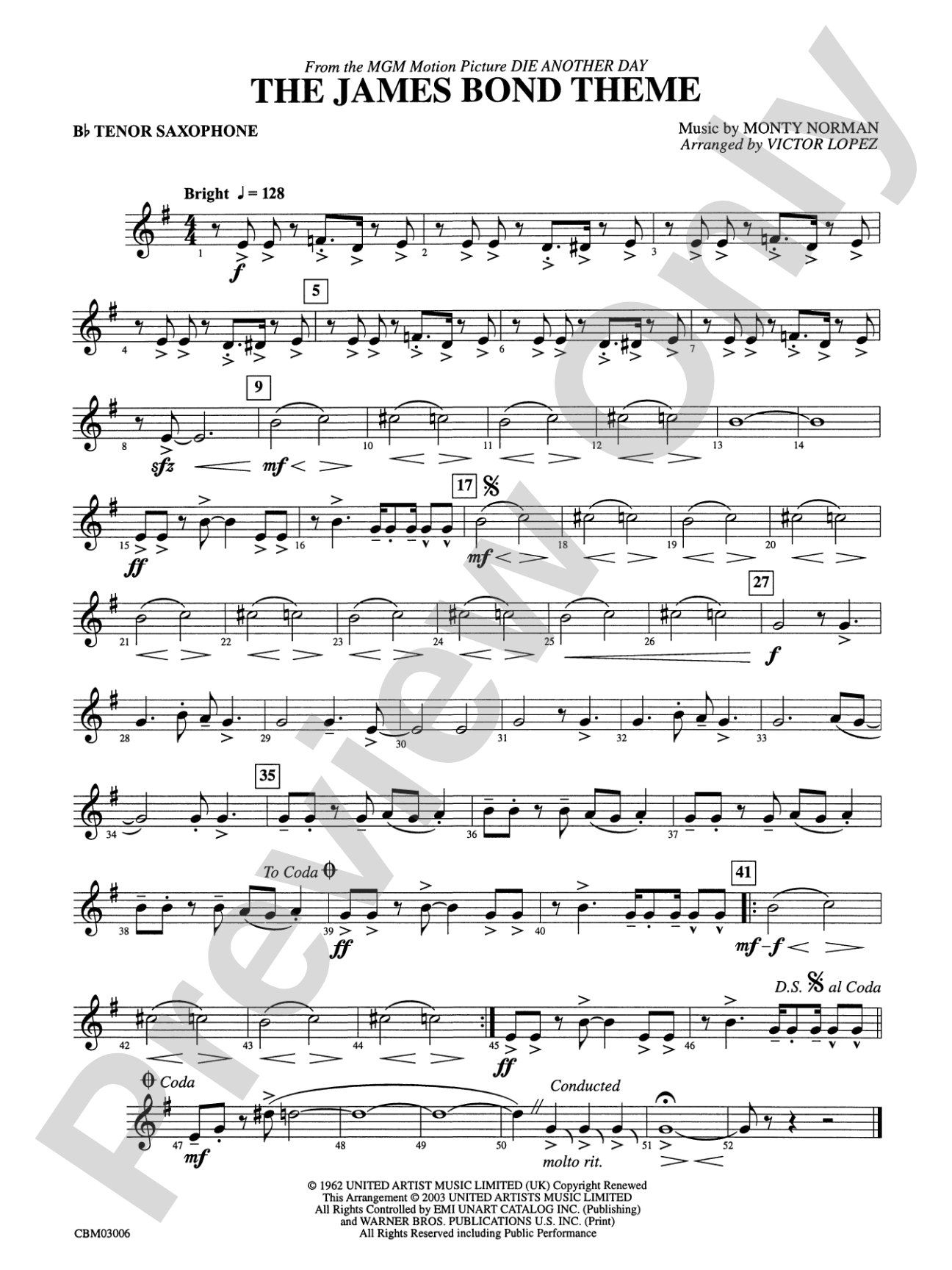 The James Bond Theme (from Die Another Day): B-flat Tenor Saxophone
