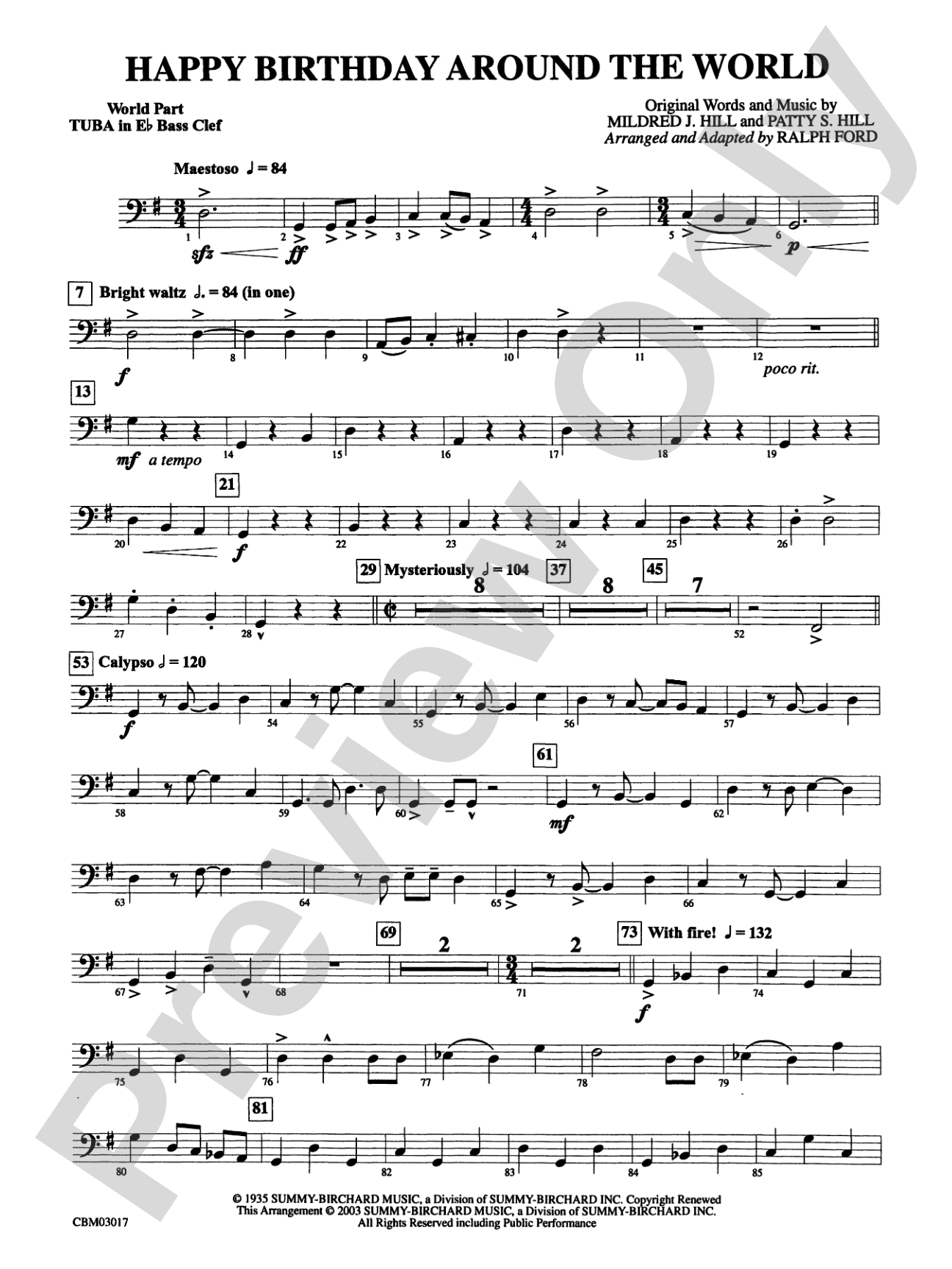 Happy Birthday Around the World: (wp) E-flat Tuba B.C.