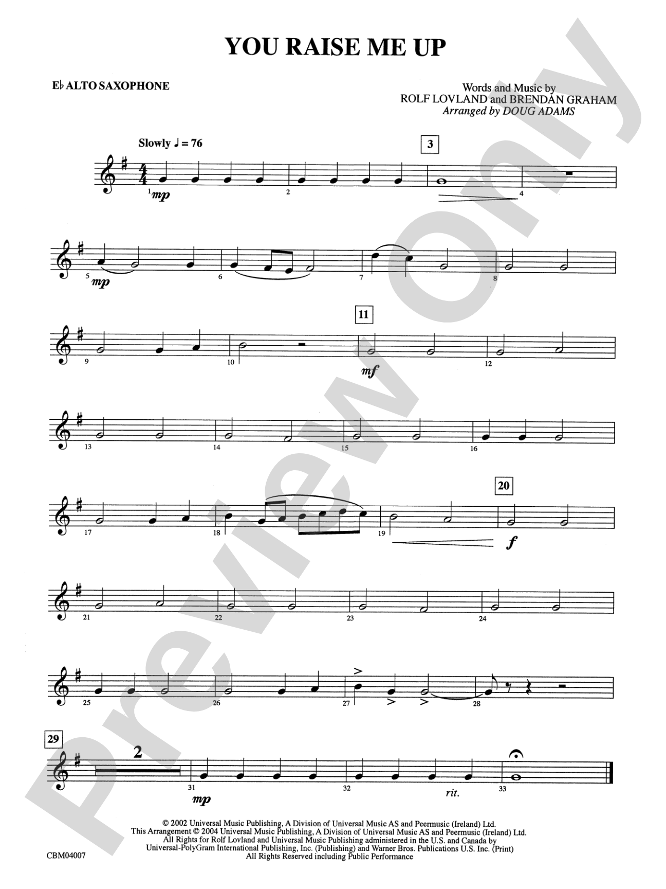 You Raise Me Up: E-flat Alto Saxophone