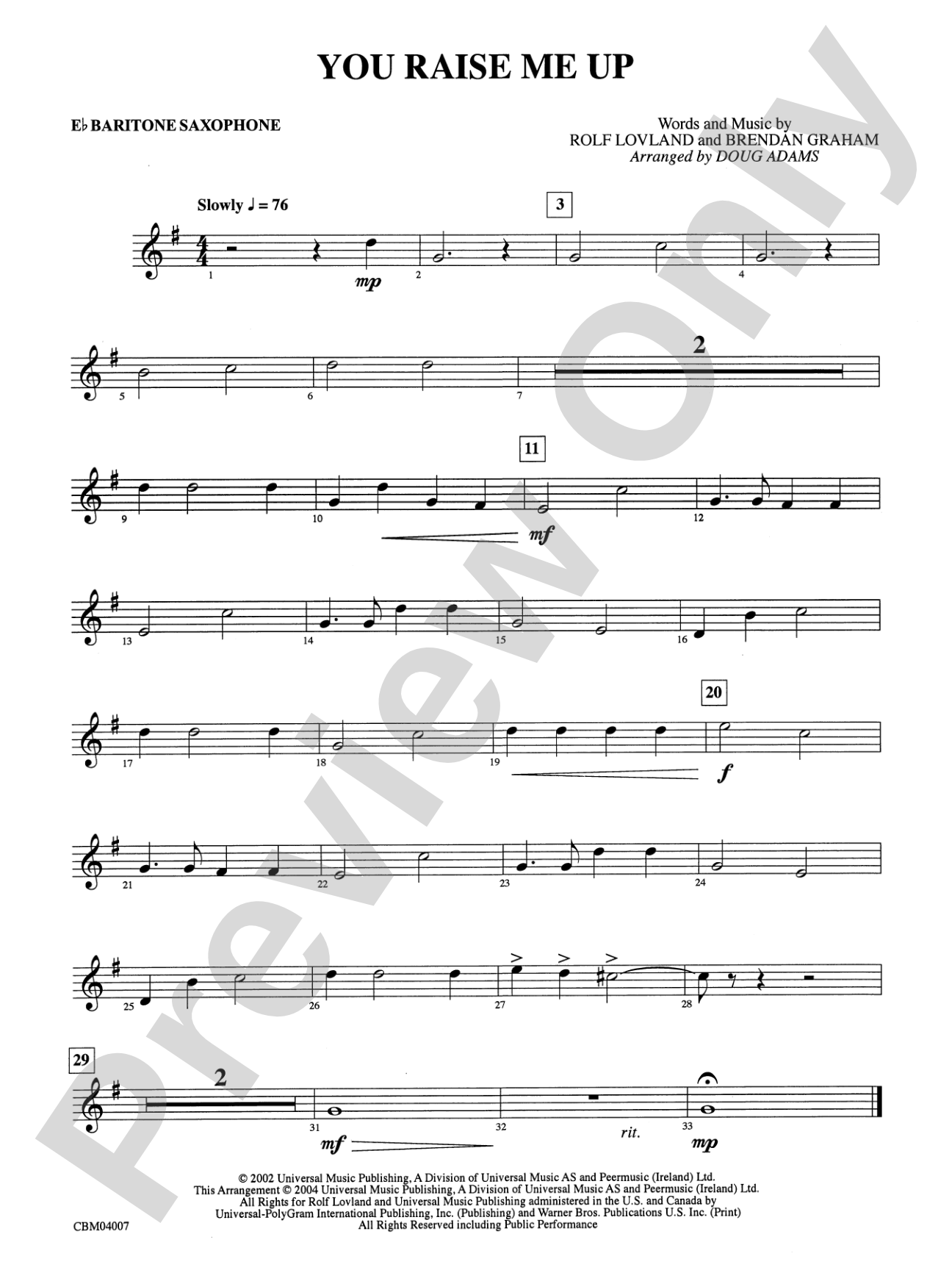 You Raise Me Up: E-flat Baritone Saxophone