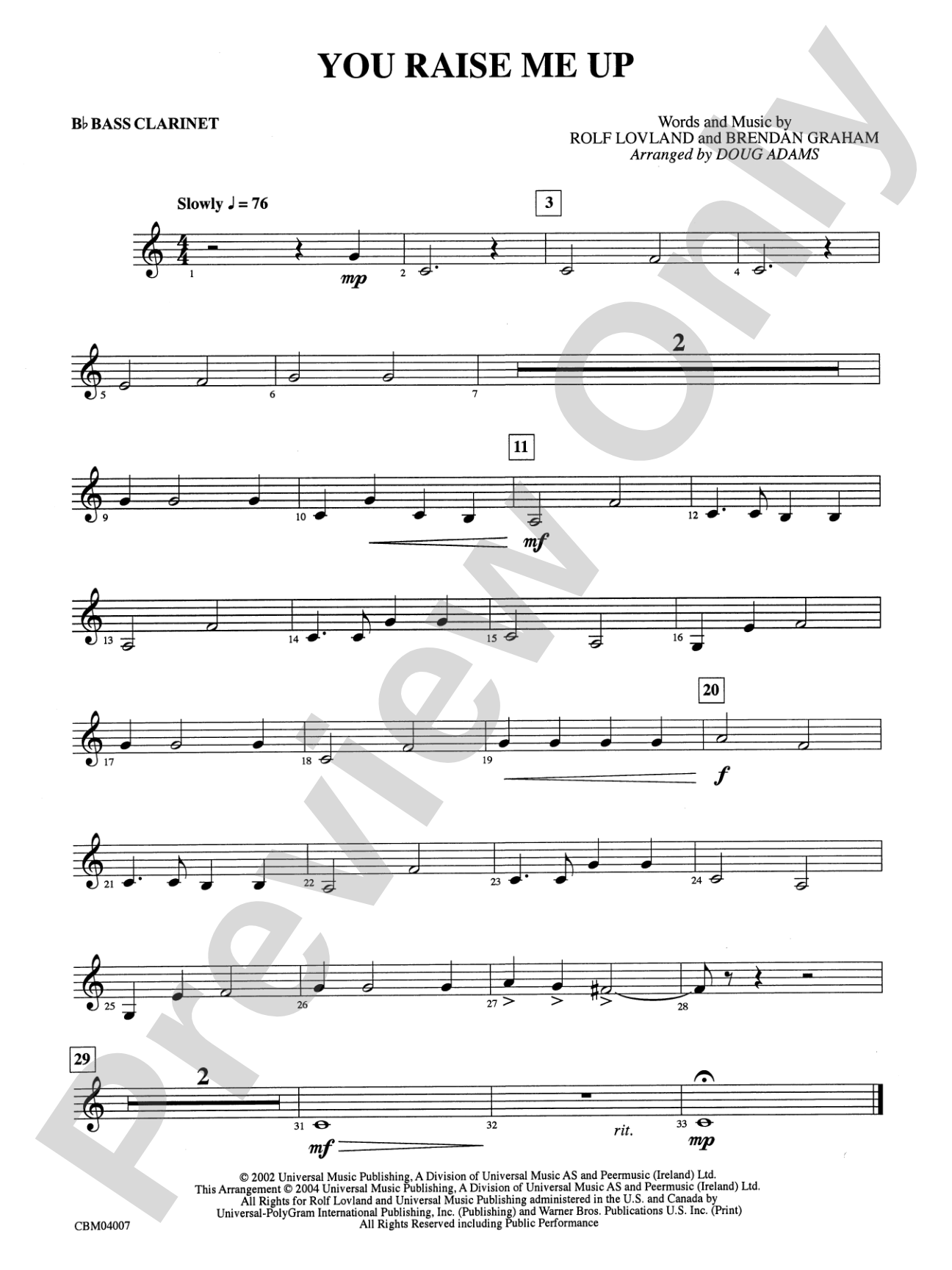 You Raise Me Up: B-flat Bass Clarinet