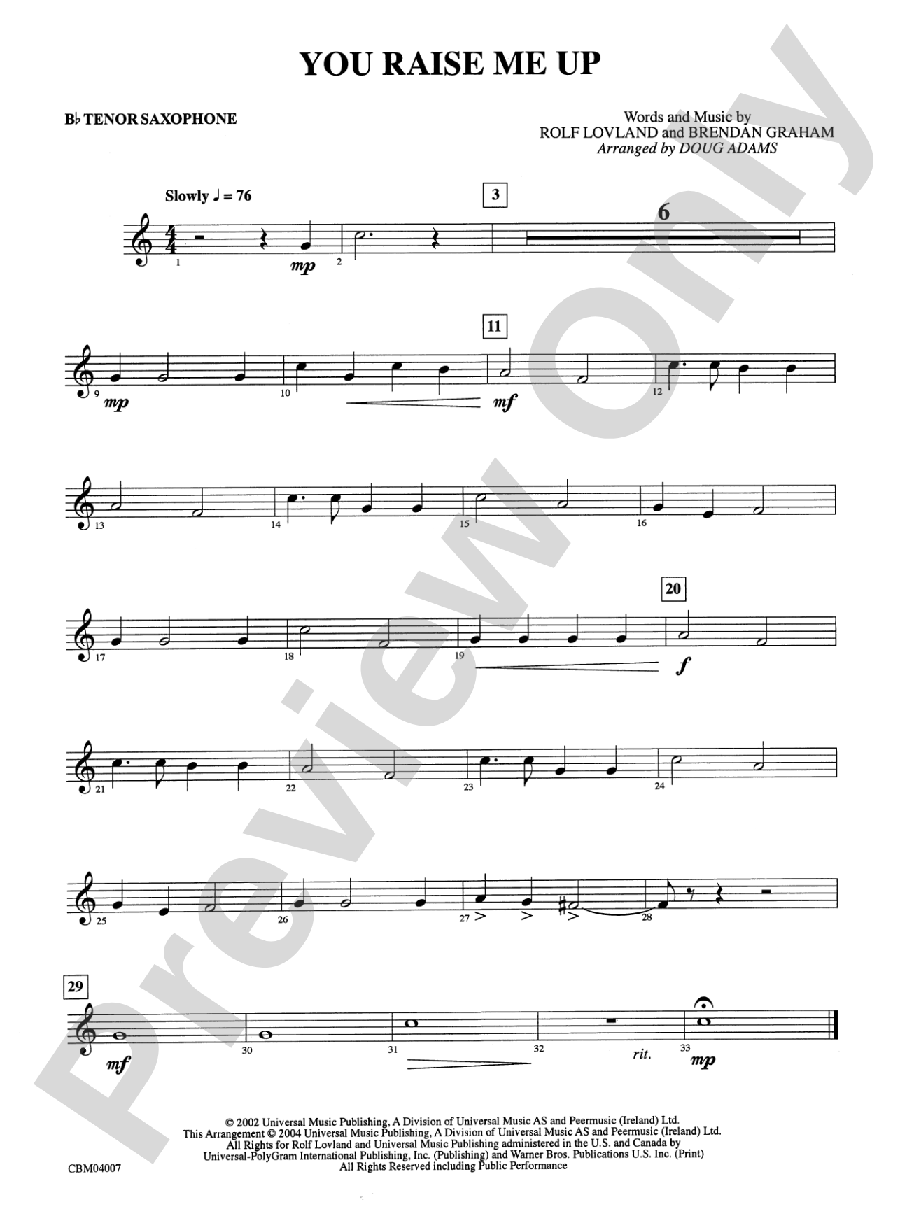 You Raise Me Up: B-flat Tenor Saxophone