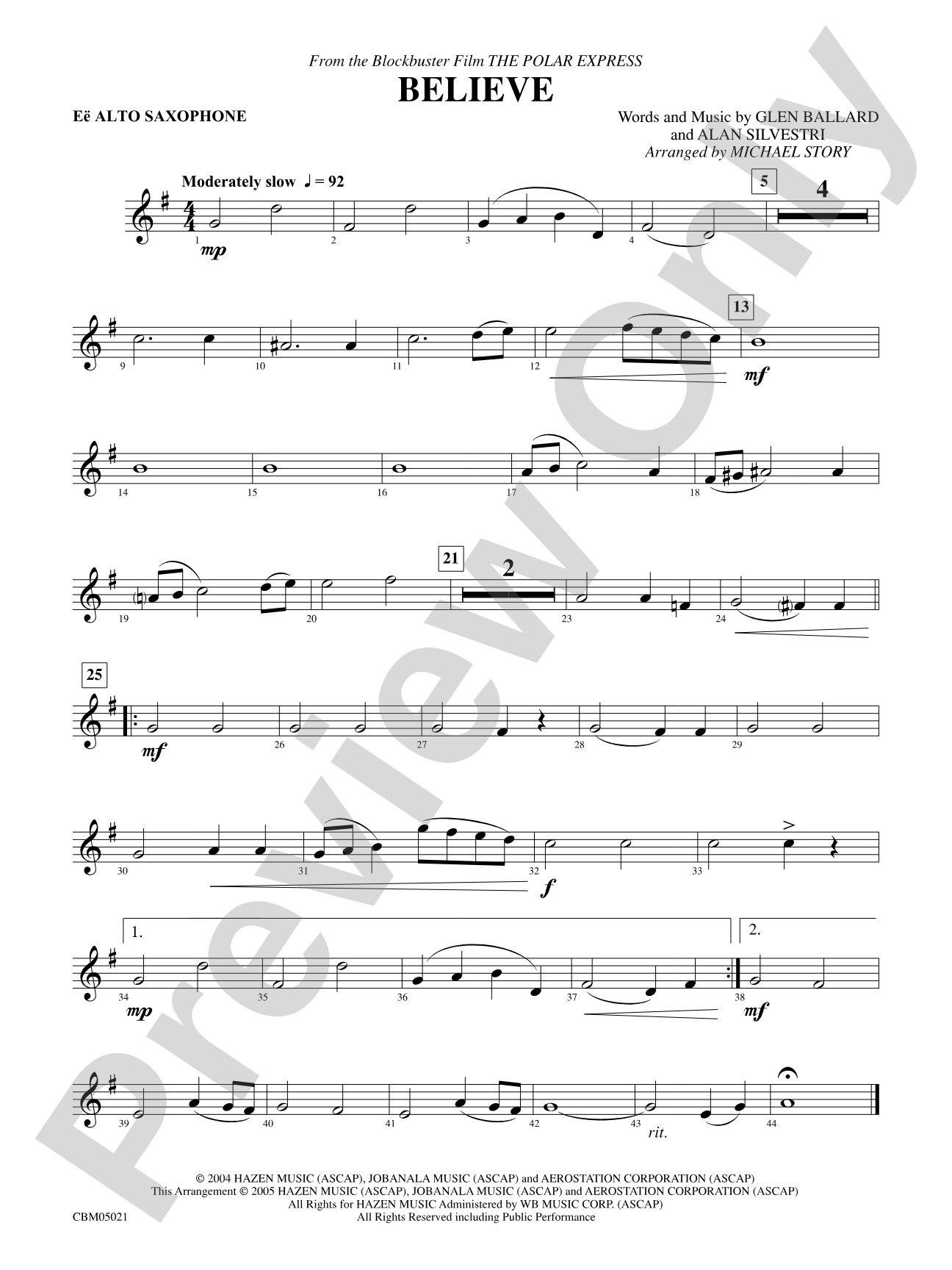 Believe (from The Polar Express): E-flat Alto Saxophone