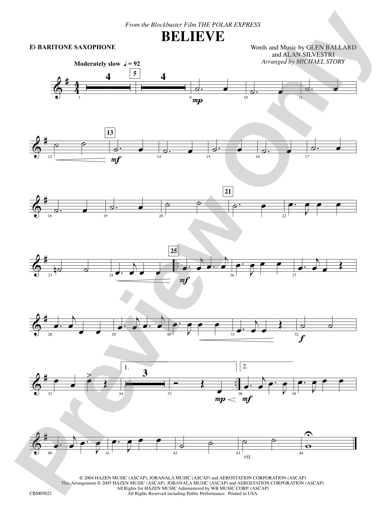 Believe (from The Polar Express): E-flat Baritone Saxophone