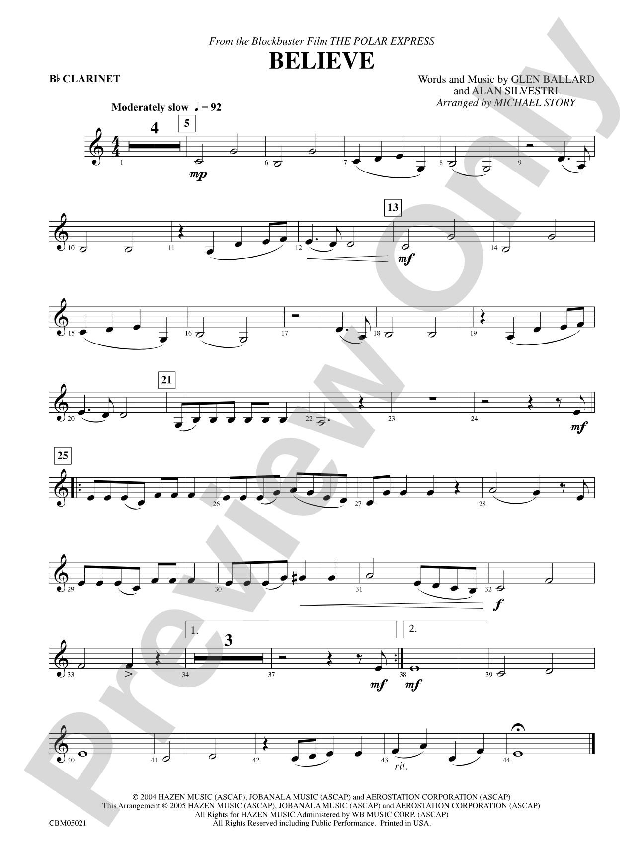 Believe (from The Polar Express): 1st B-flat Clarinet