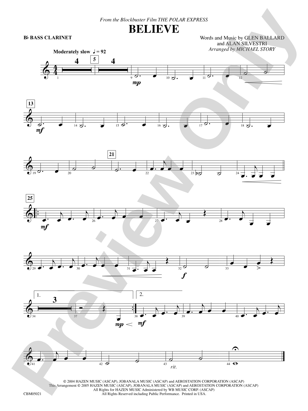 Believe (from The Polar Express): B-flat Bass Clarinet