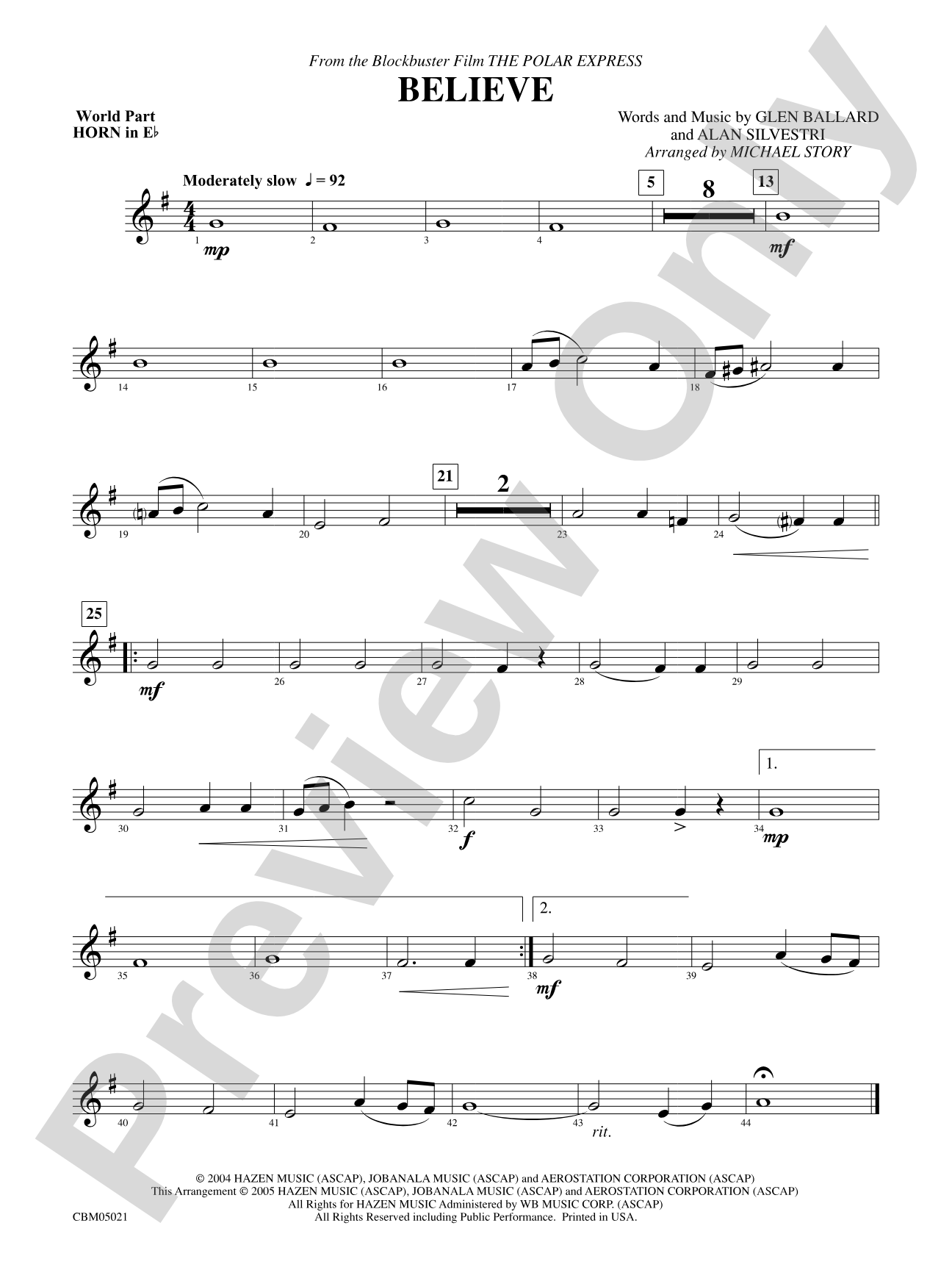 Believe (from The Polar Express): WP 1st Horn in E-flat