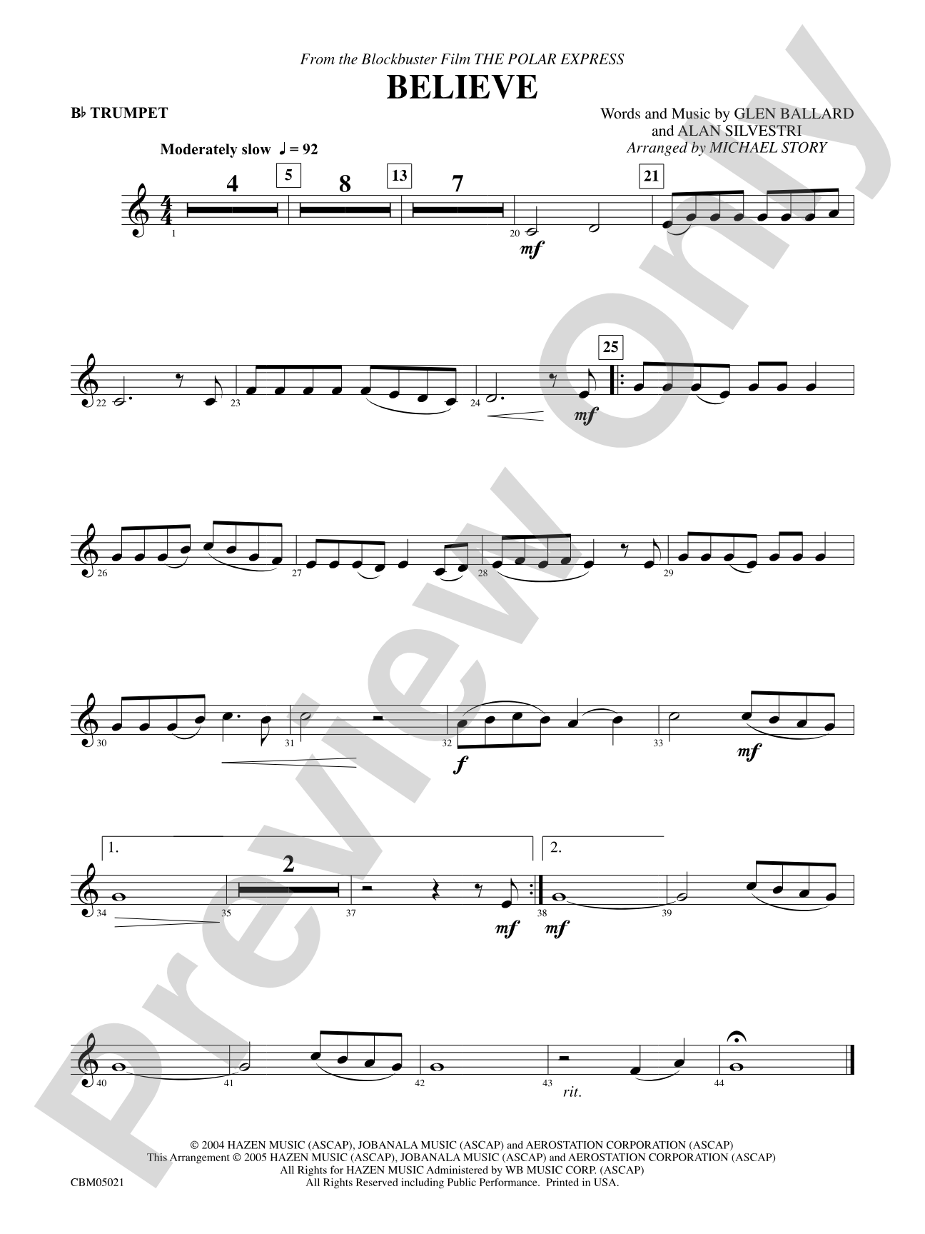 Believe (from The Polar Express): 1st B-flat Trumpet