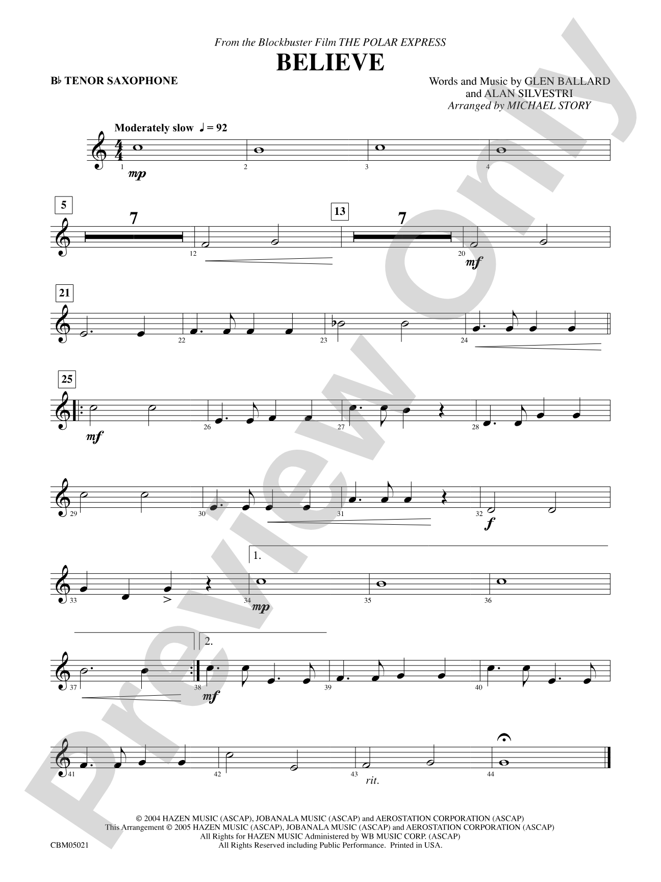 Believe (from The Polar Express): B-flat Tenor Saxophone