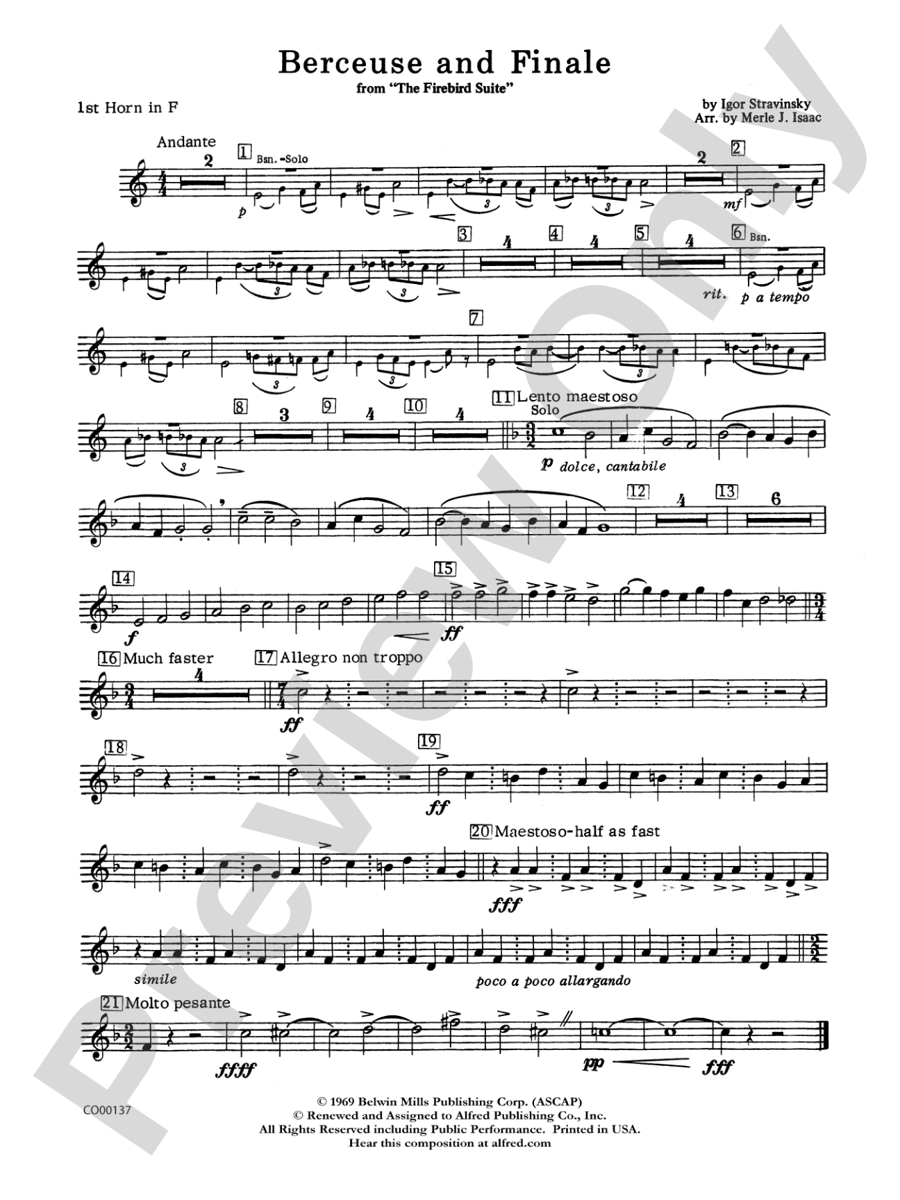 Berceuse and Finale (from the Firebird Suite): 1st F Horn