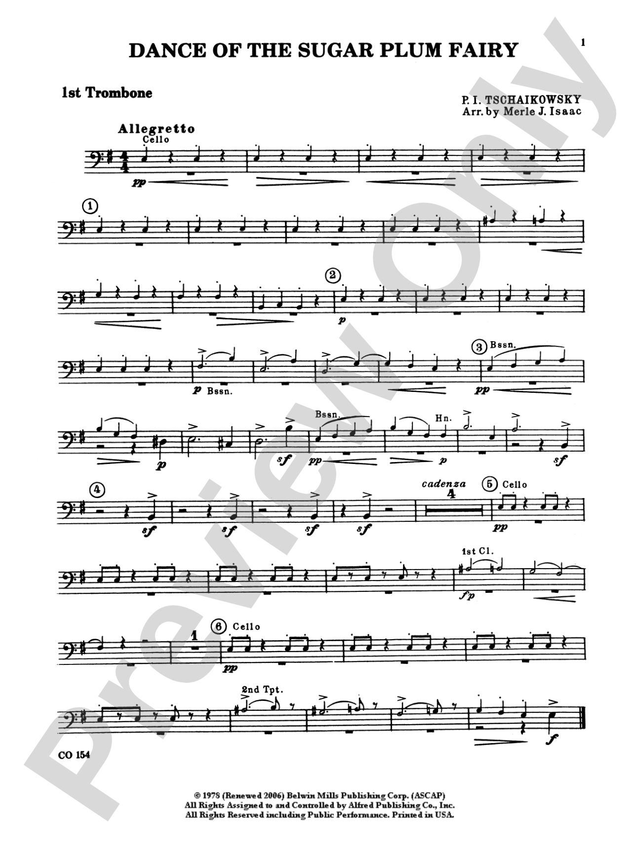 Nutcracker Ballet, Set I ("Dance of the Sugar Plum Fairy" and "Waltz of the Flowers"): 1st Trombone